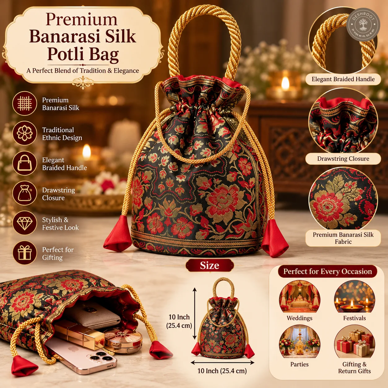 Black Banarasi Silk Brocade Potli Bag For Women
