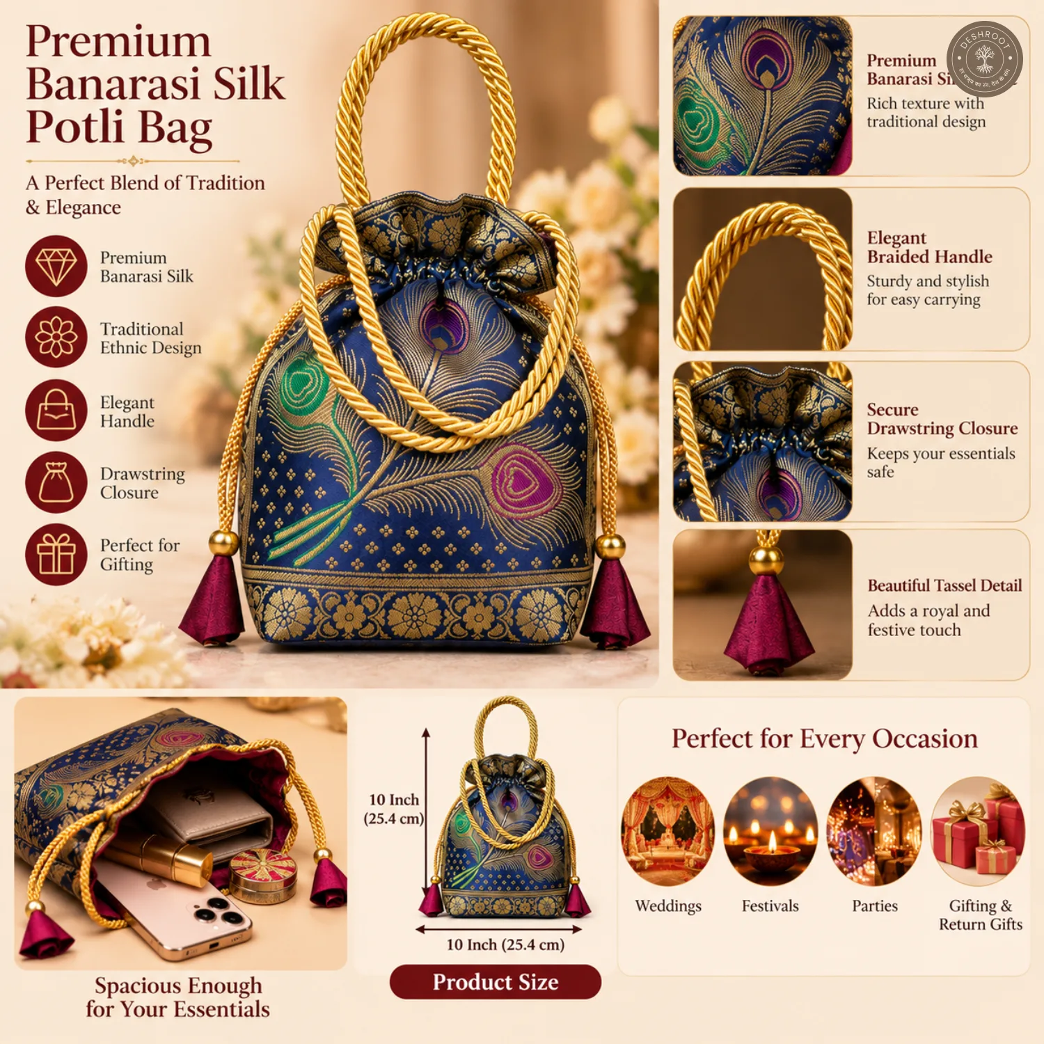 Navy Blue Banarasi Silk Brocade Potli Bag