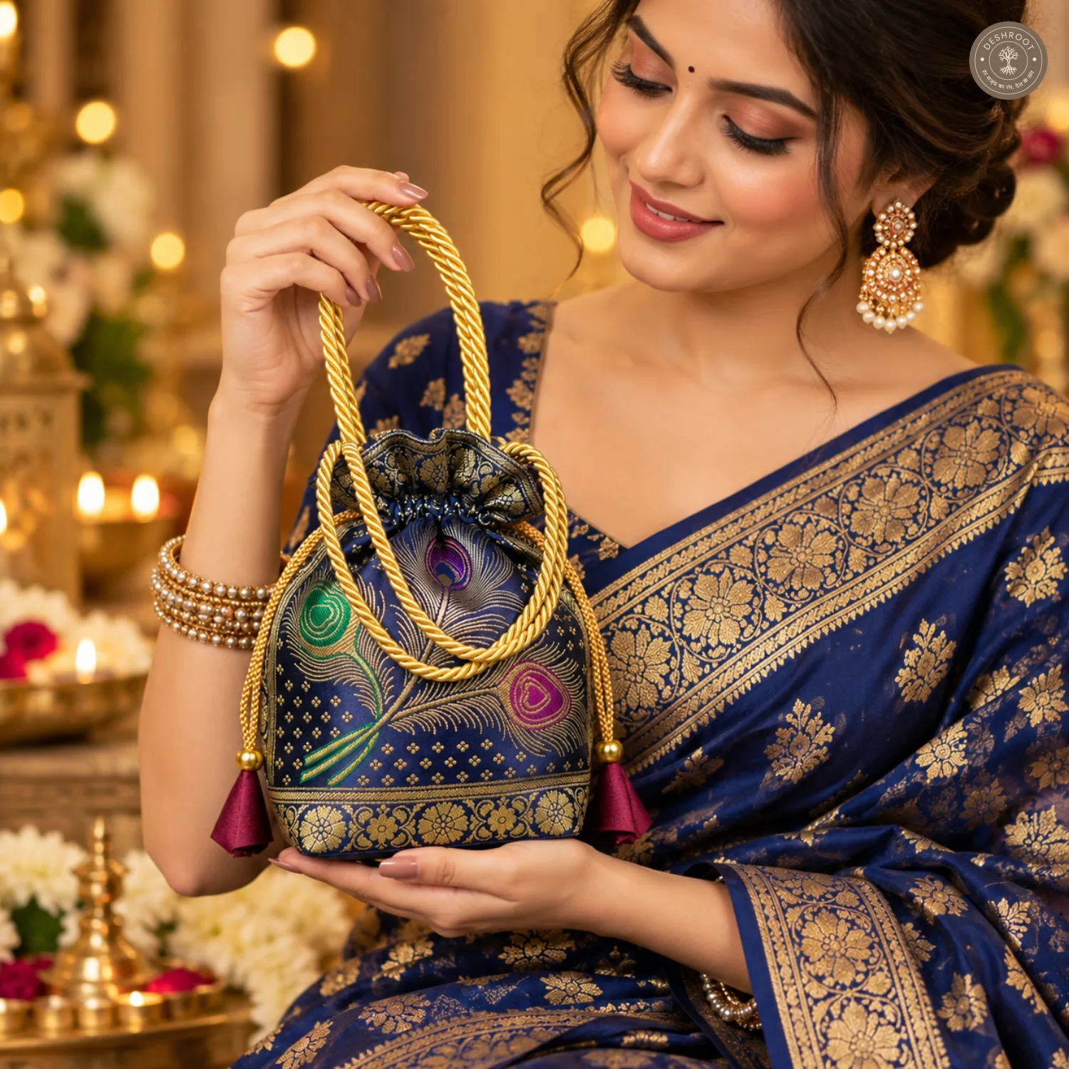 Navy Blue Banarasi Silk Brocade Potli Bag