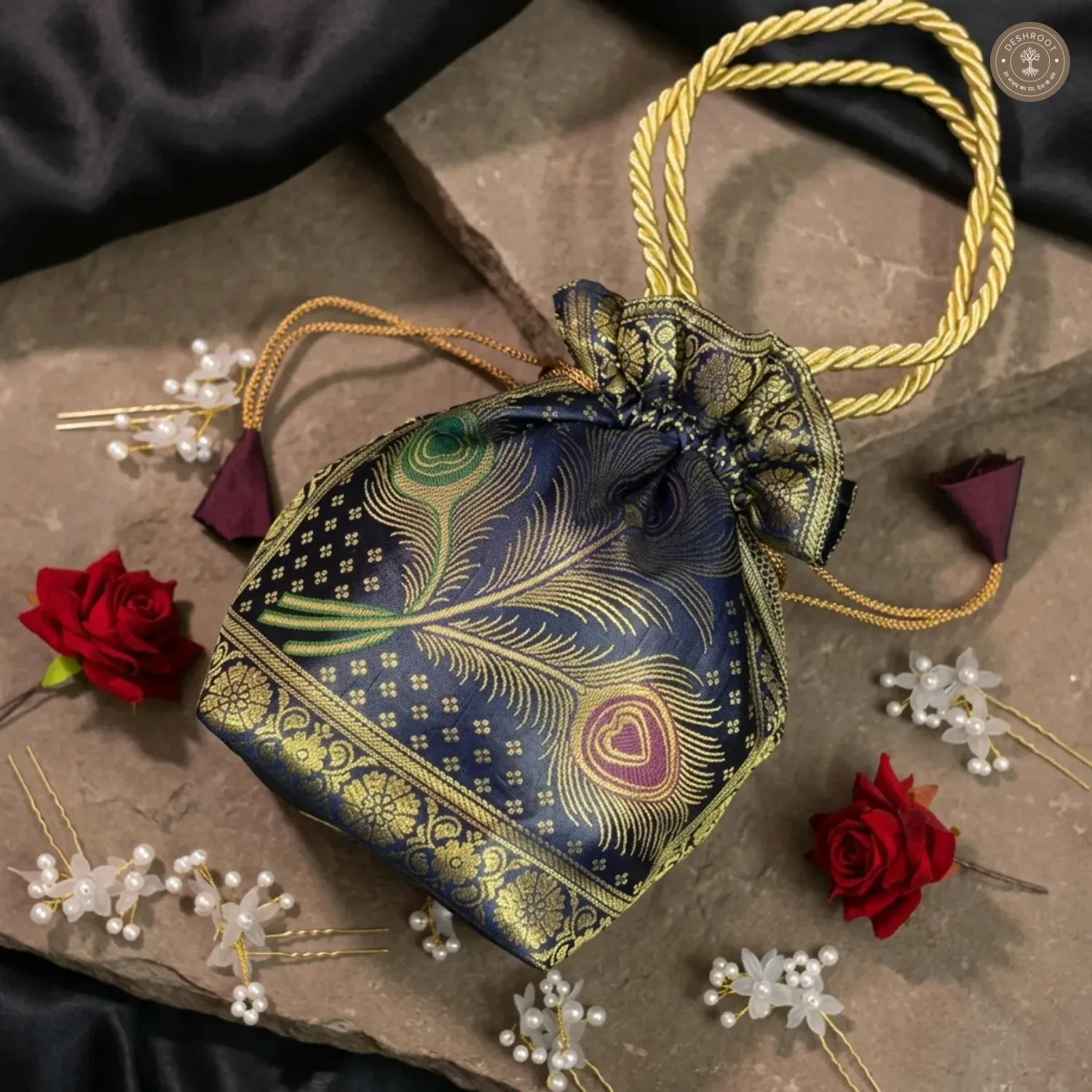 Navy Blue Banarasi Silk Brocade Potli Bag