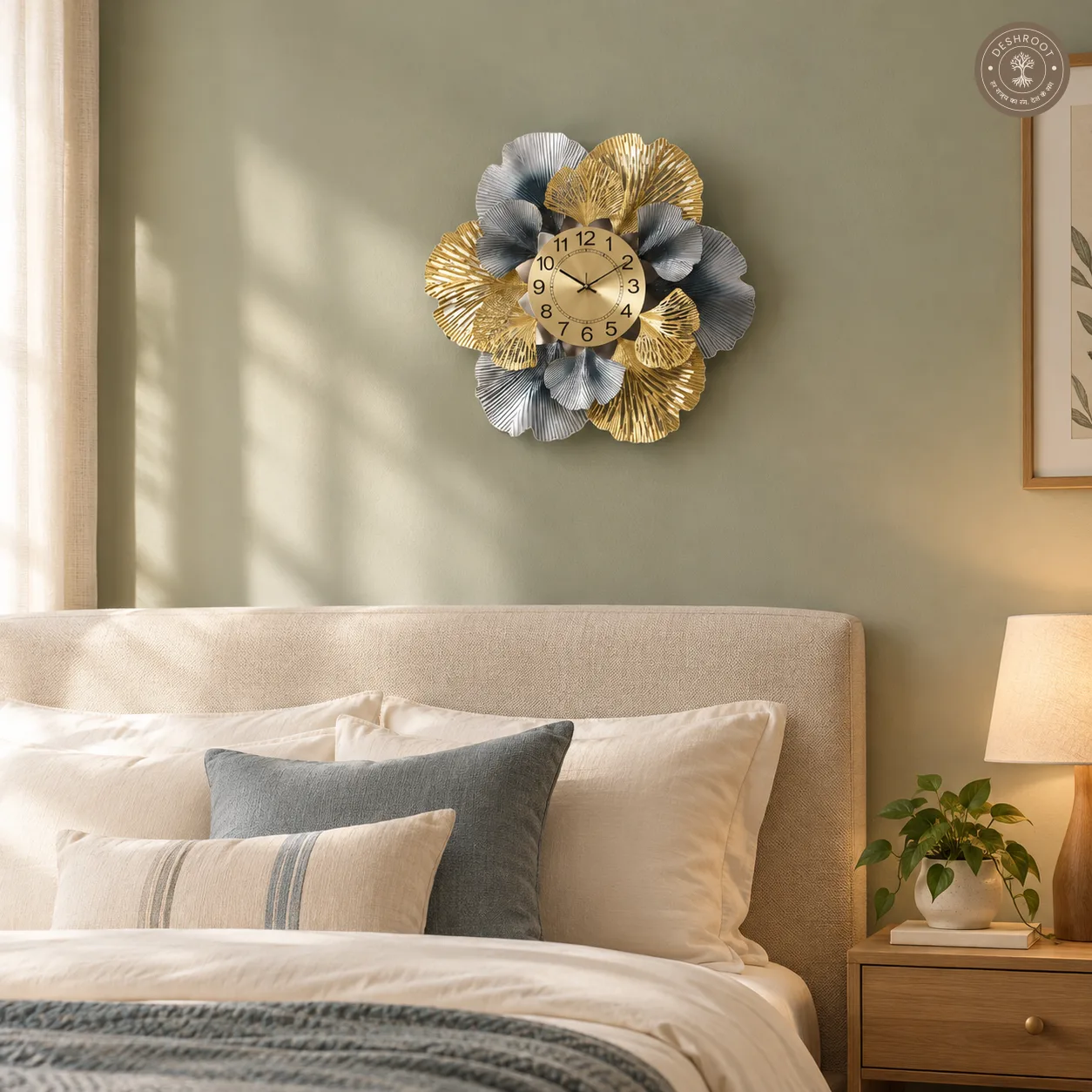 Golden Blue Botanical Leaf Metal Wall Clock