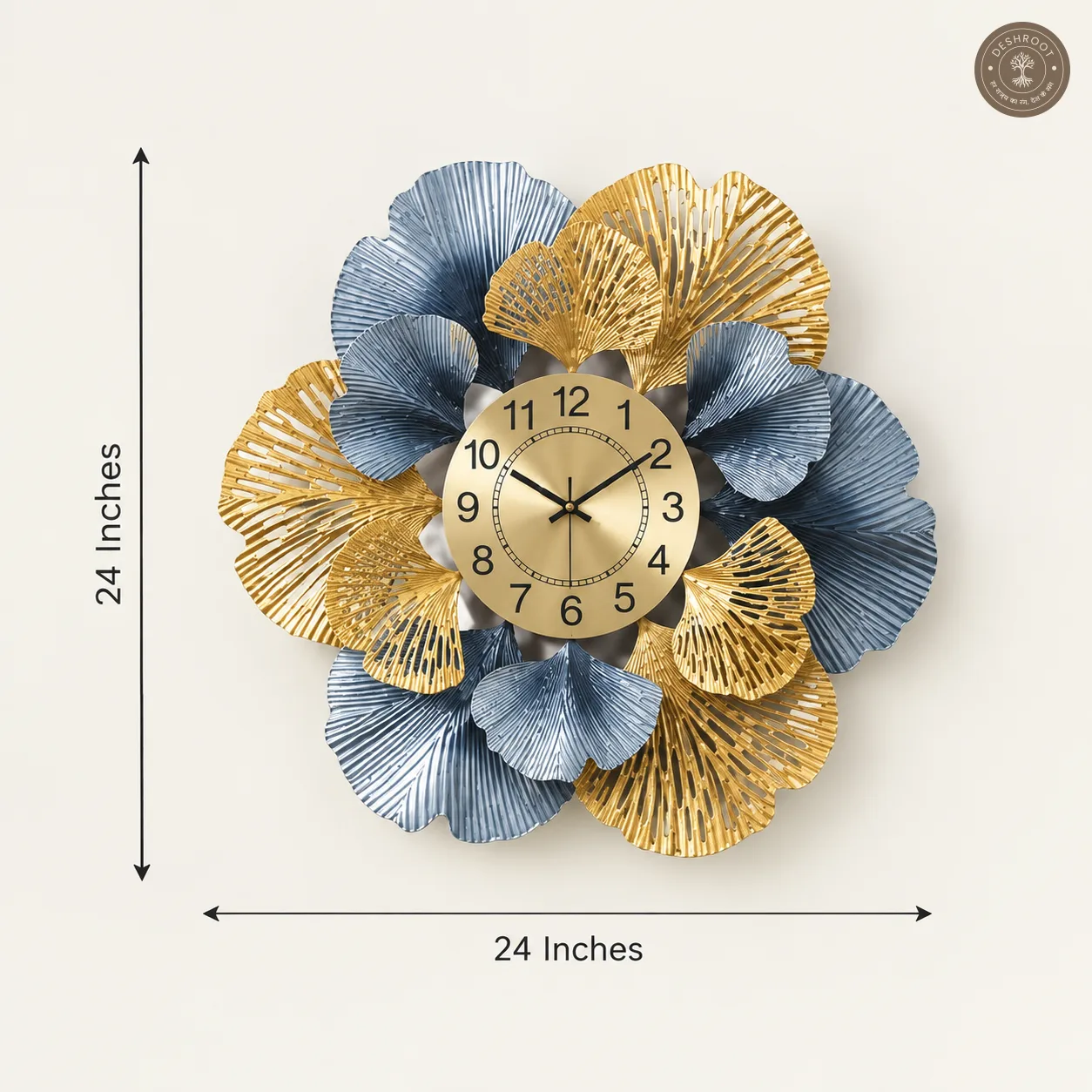 Golden Blue Botanical Leaf Metal Wall Clock