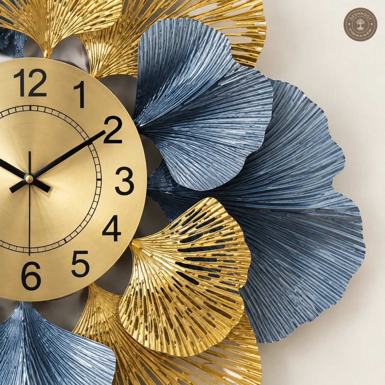 Golden Blue Botanical Leaf Metal Wall Clock