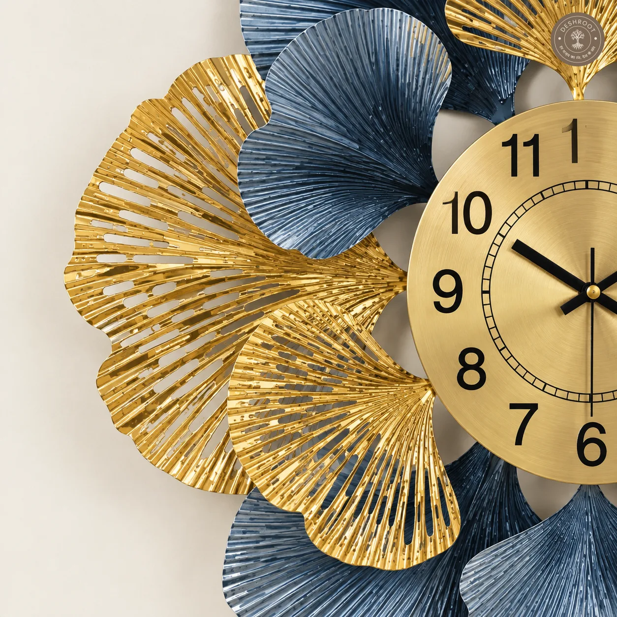 Golden Blue Botanical Leaf Metal Wall Clock