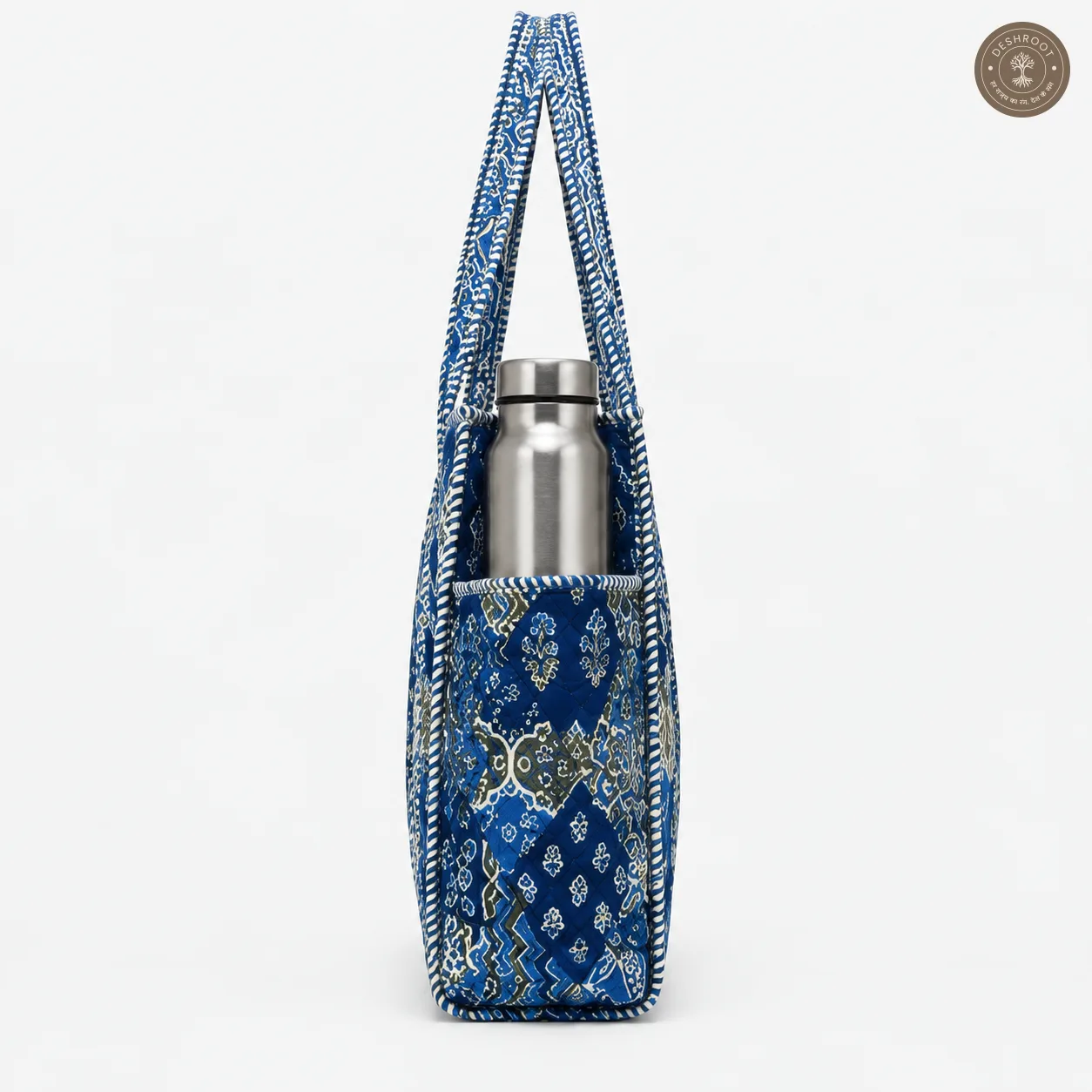 Blue Patchwork Printed Quilted Cotton Shoulder Bag for Women