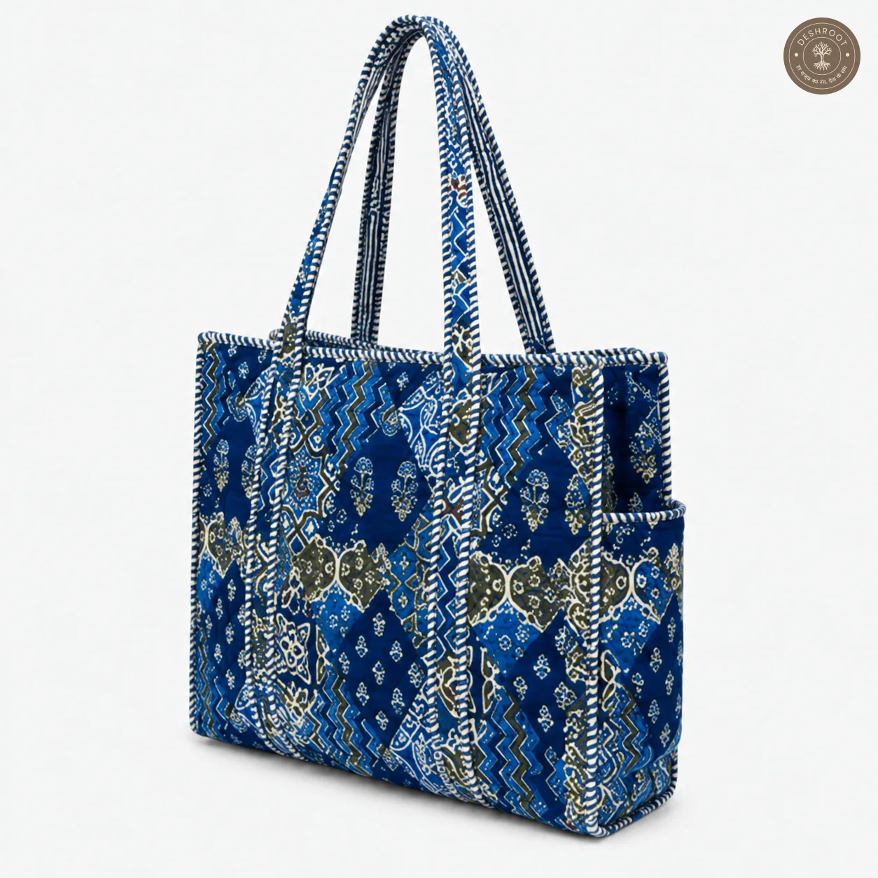 Blue Patchwork Printed Quilted Cotton Shoulder Bag for Women