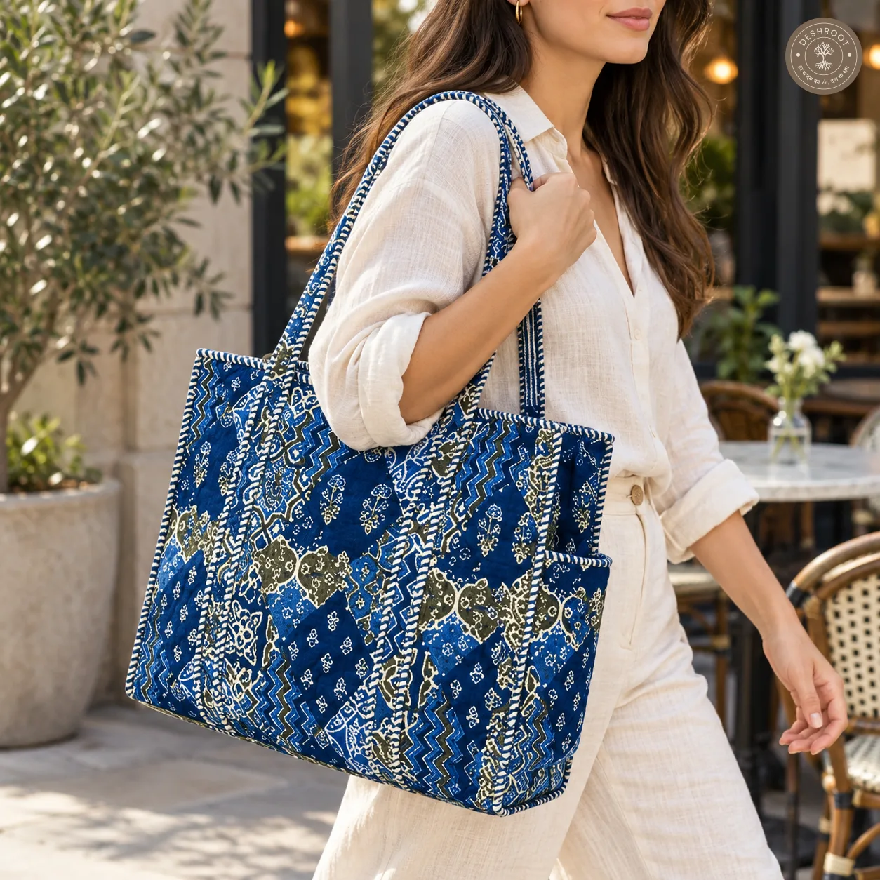 Blue Patchwork Printed Quilted Cotton Shoulder Bag for Women