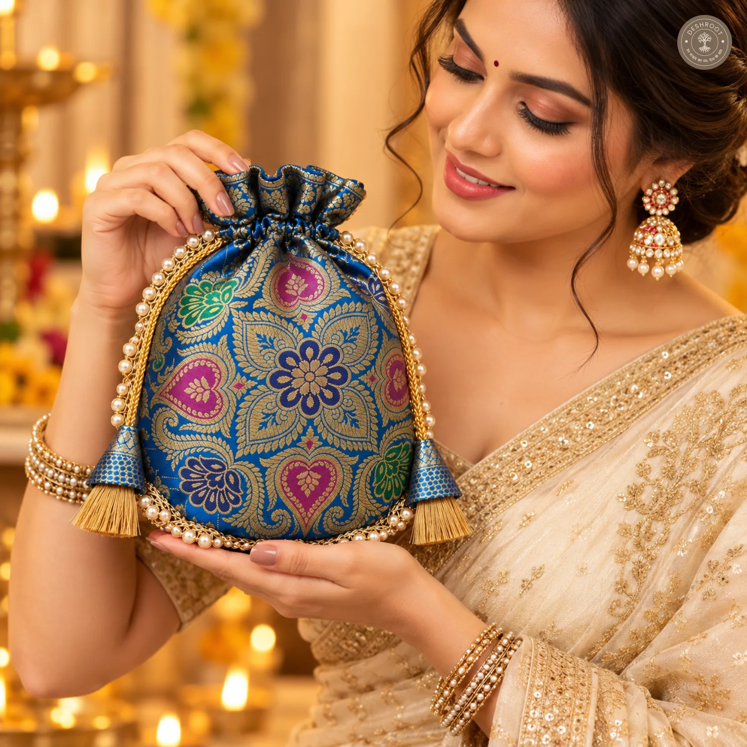 Firozi Blue Eccentric Lace Potli Bag