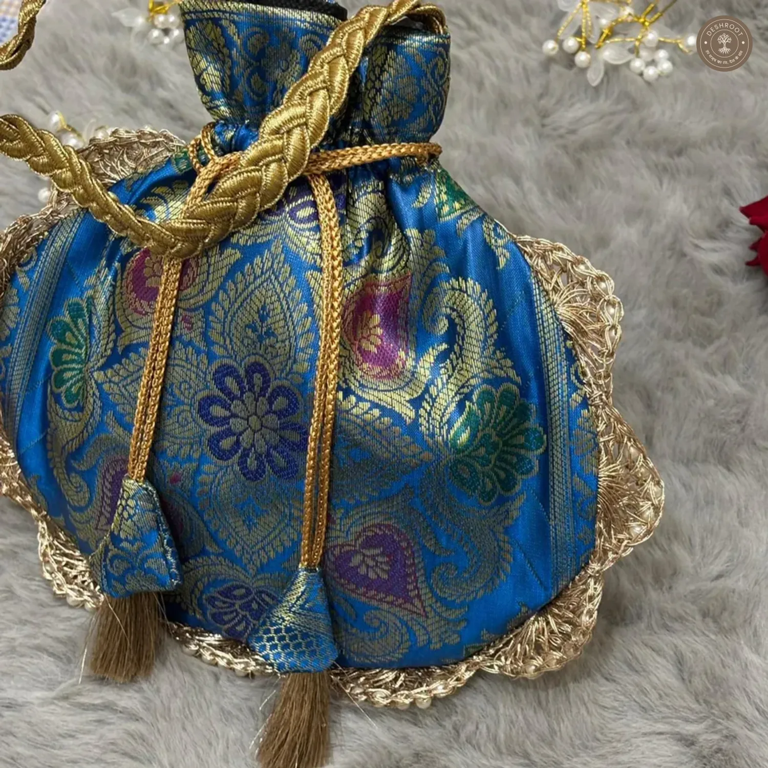 Firozi Blue Eccentric Lace Potli Bag
