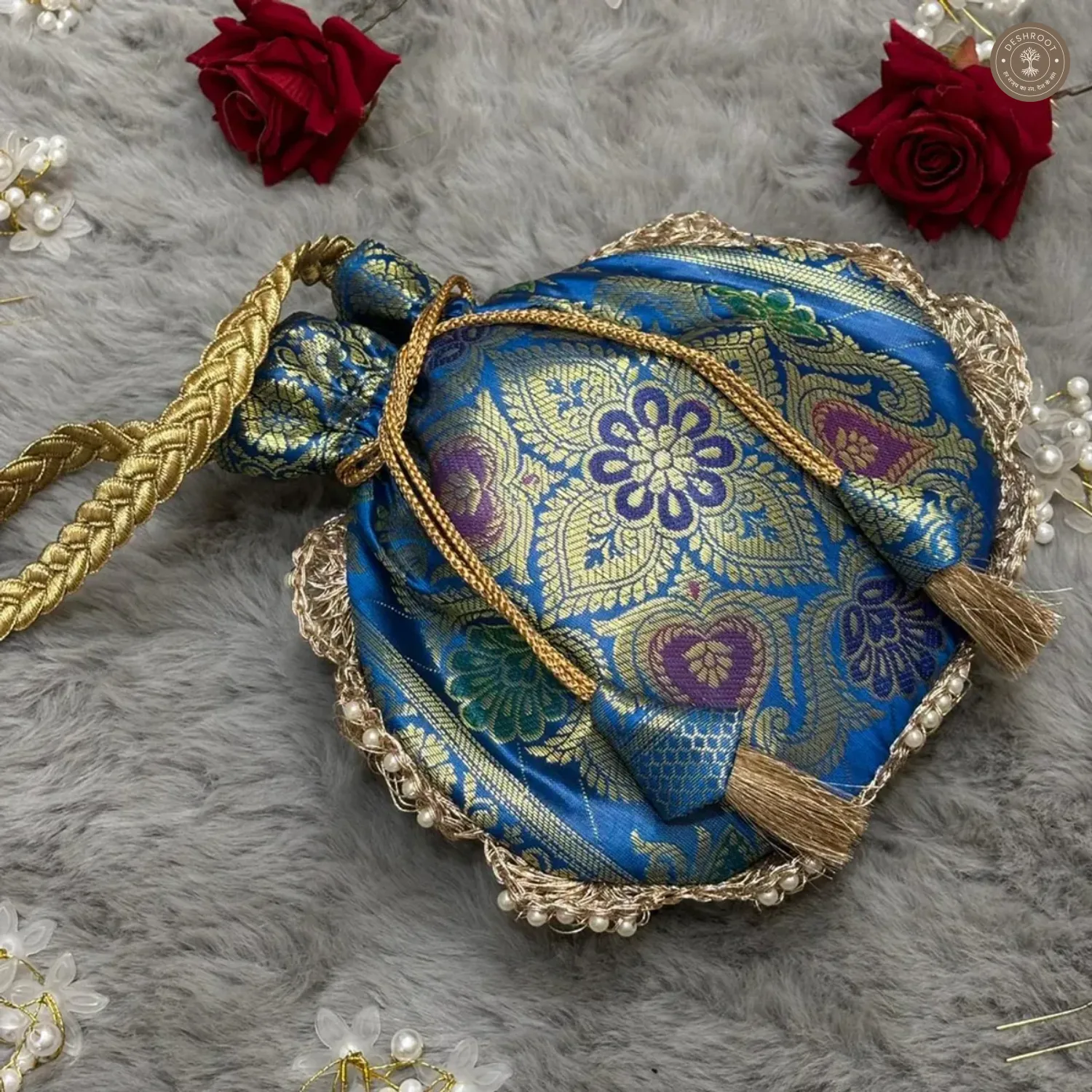 Firozi Blue Eccentric Lace Potli Bag