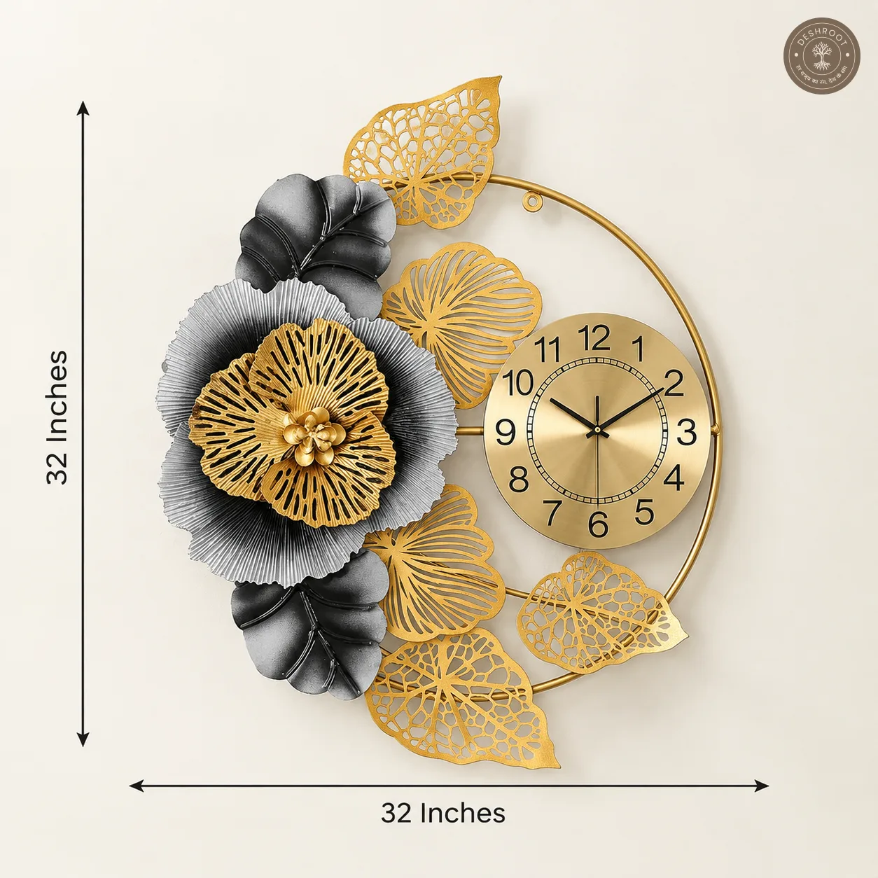 Golden Floral Metal Wall Clock