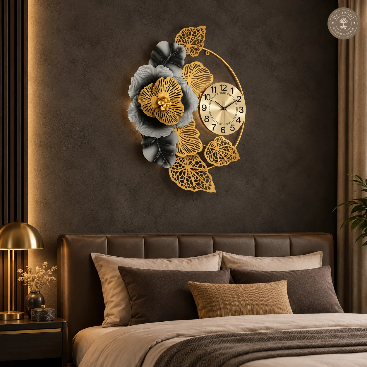 Golden Floral Metal Wall Clock