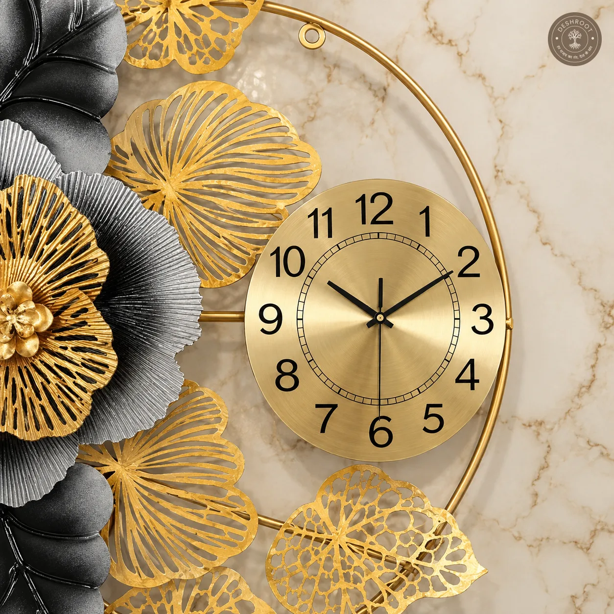 Golden Floral Metal Wall Clock