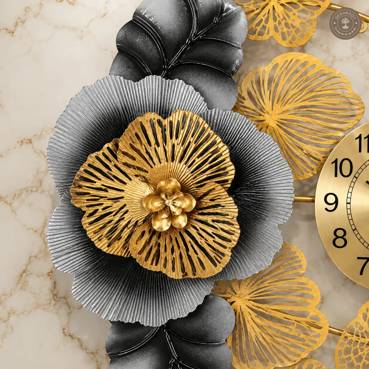 Golden Floral Metal Wall Clock