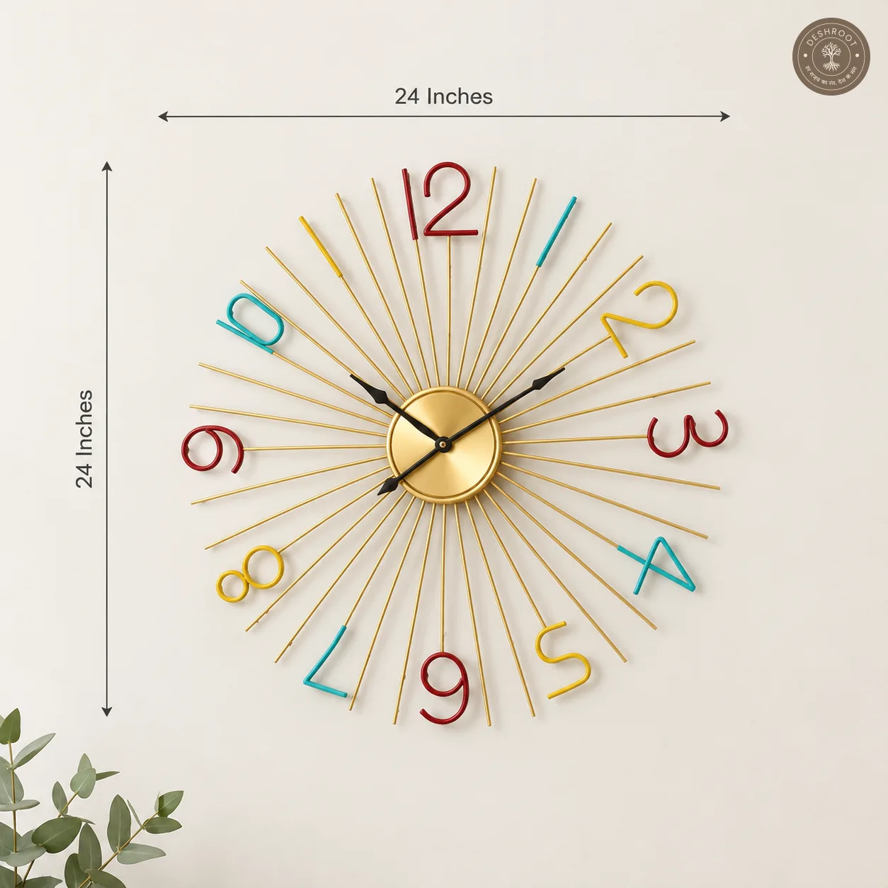 Golden Sunburst Multicolour Artistic Metal Wall Clock