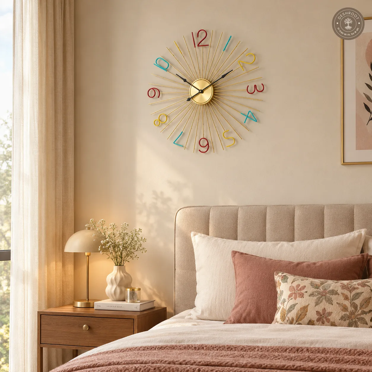 Golden Sunburst Multicolour Artistic Metal Wall Clock