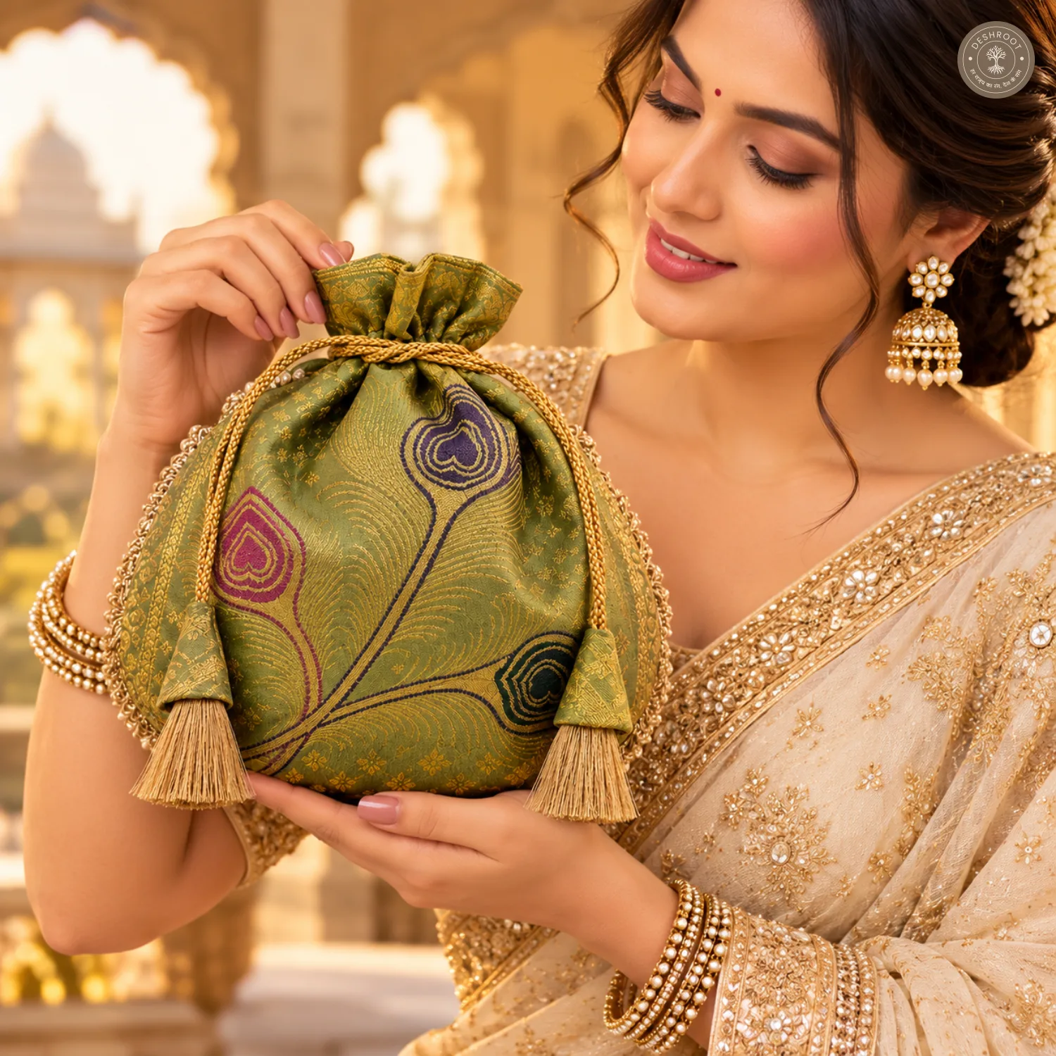 Pista Green Banarasi Silk Lace Potli Bag