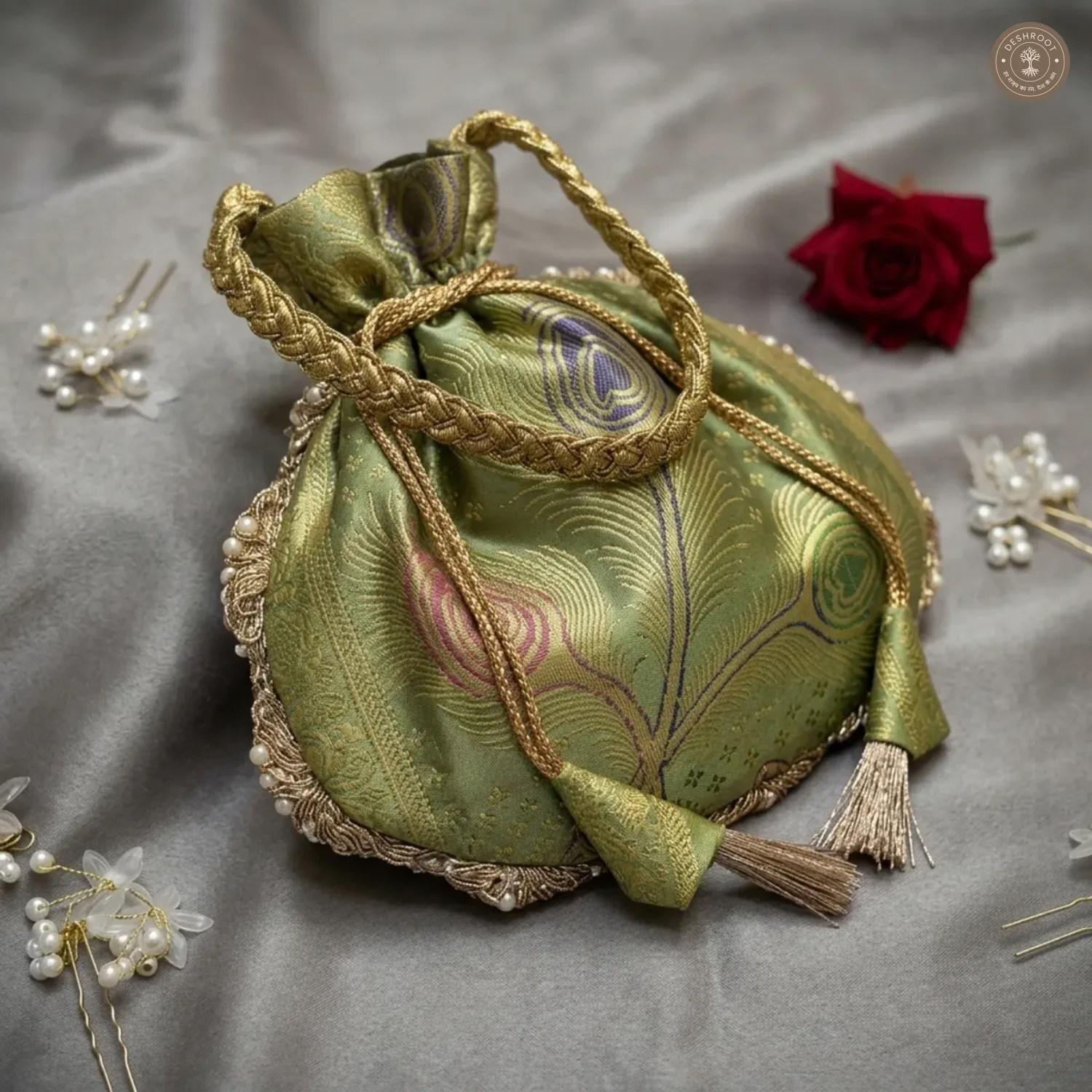 Pista Green Banarasi Silk Lace Potli Bag