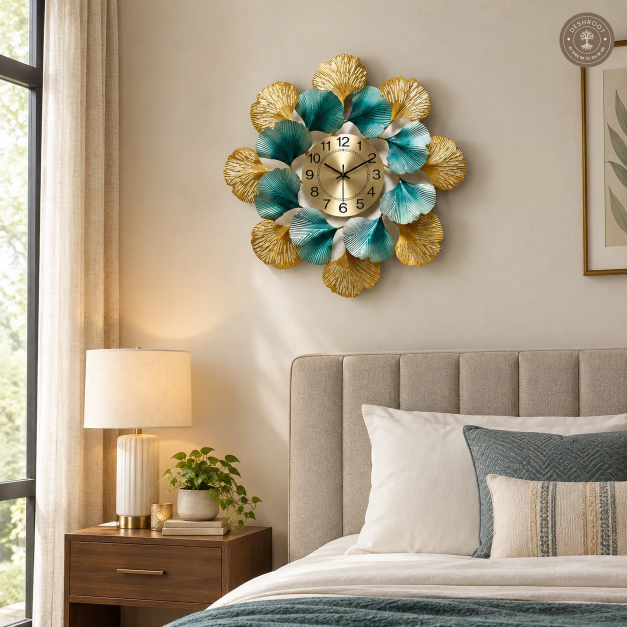 Golden Blue Floral Metal Wall Clock