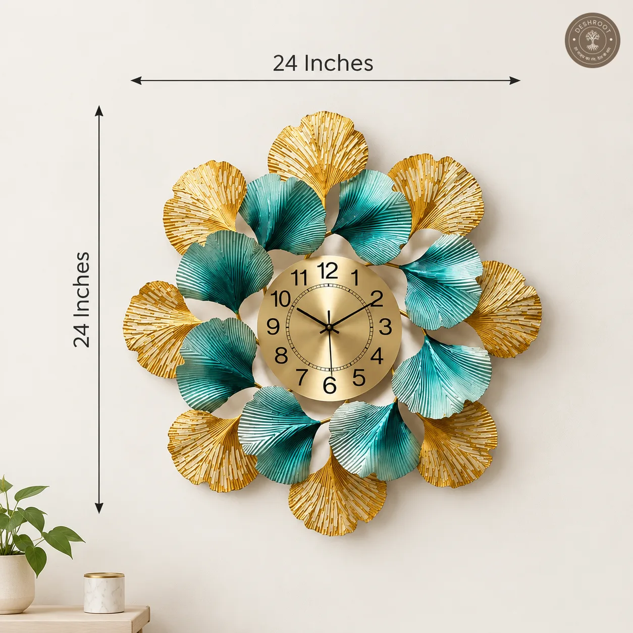 Golden Blue Floral Metal Wall Clock