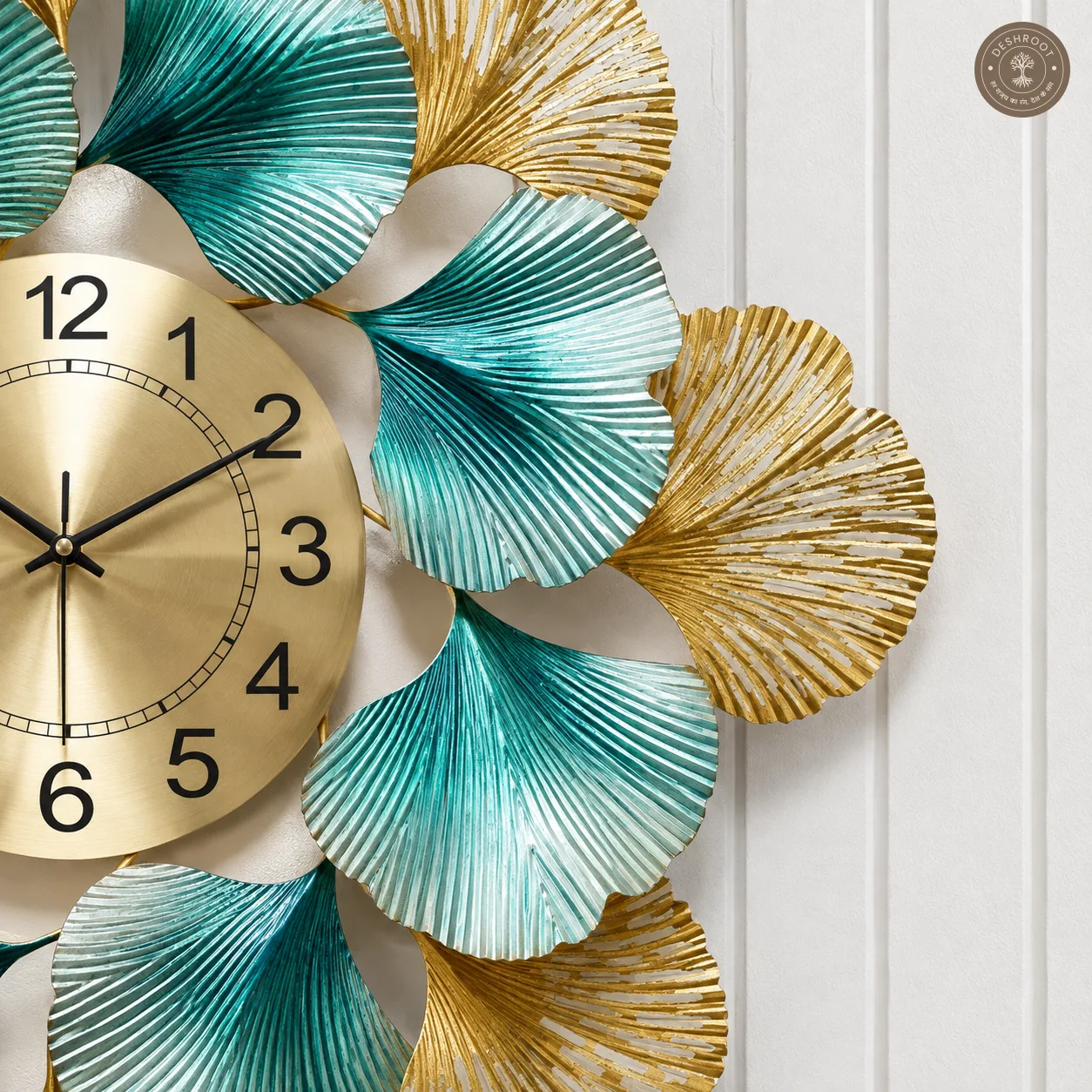Golden Blue Floral Metal Wall Clock