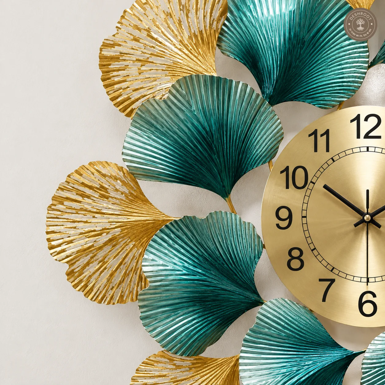 Golden Blue Floral Metal Wall Clock