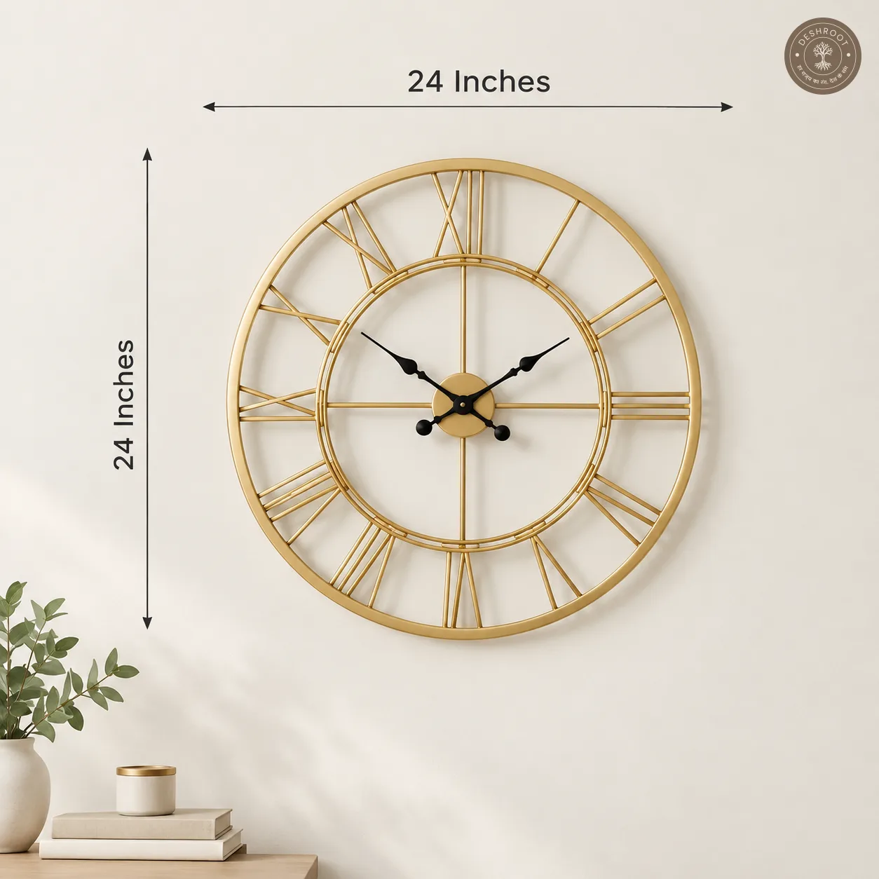 Golden Roman Numeral Open Frame Metal Wall Clock