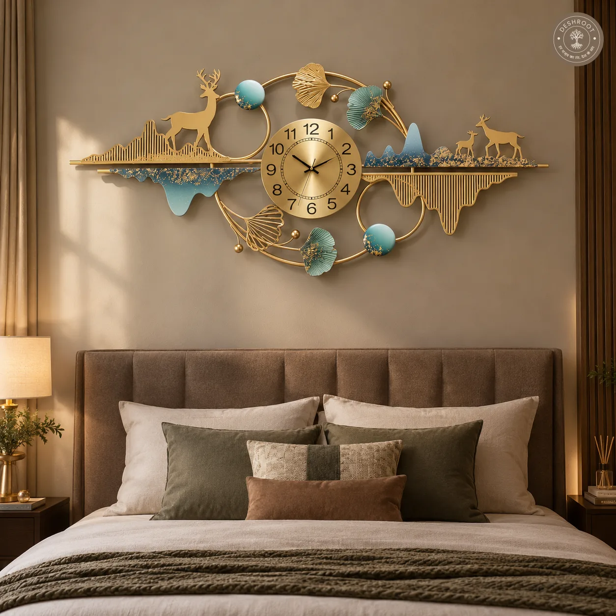 Golden Deer Mountain Scenic Metal Wall Clock