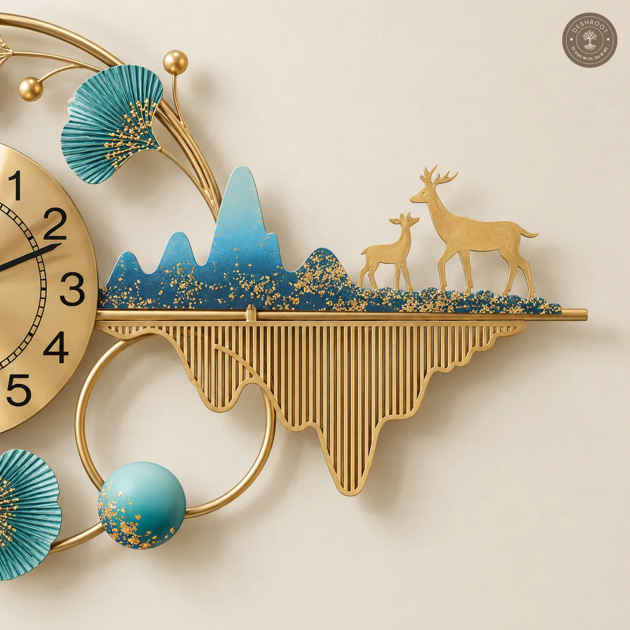Golden Deer Mountain Scenic Metal Wall Clock