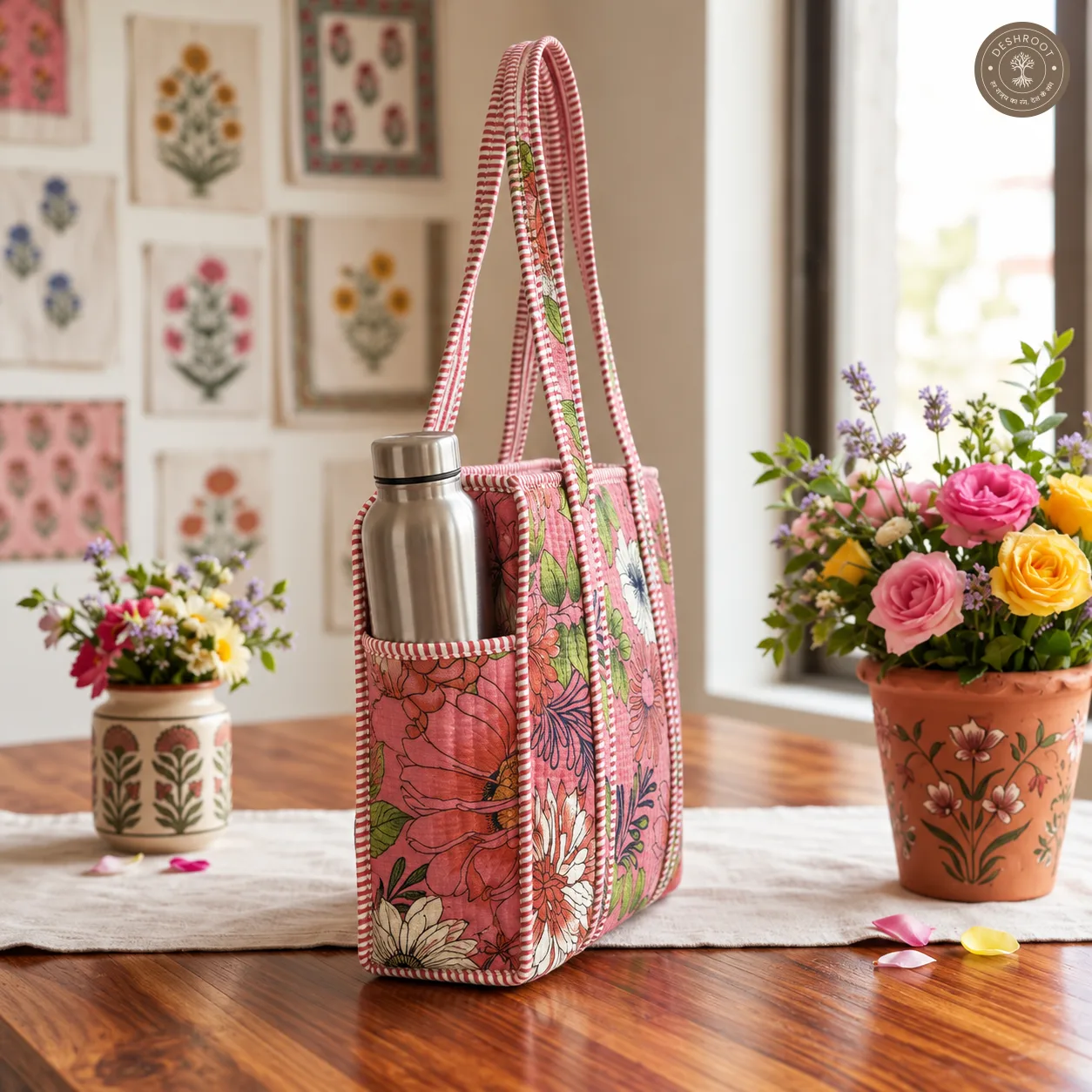 Pink Floral Garden Printed Quilted Cotton Shoulder Bag for Women