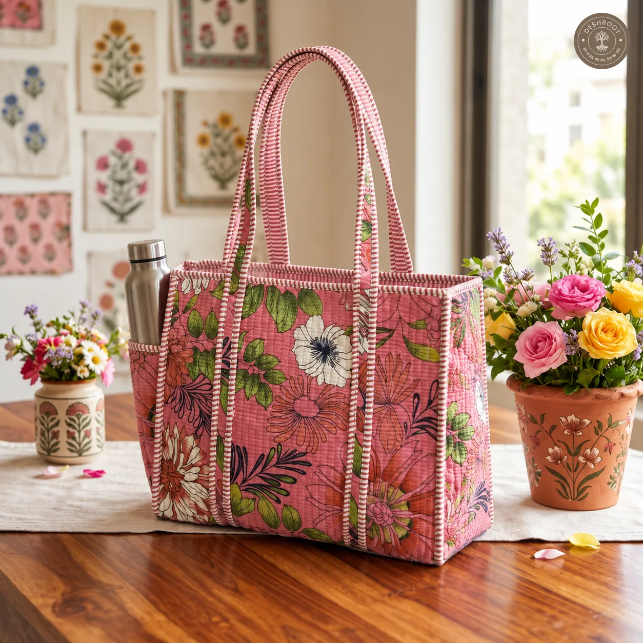 Pink Floral Garden Printed Quilted Cotton Shoulder Bag for Women