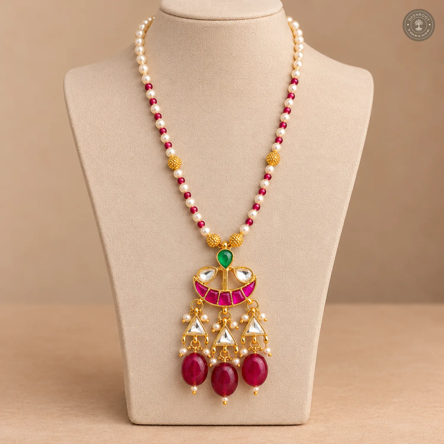 Pachi Kundan Pearl Chain Red Drop Necklace Set