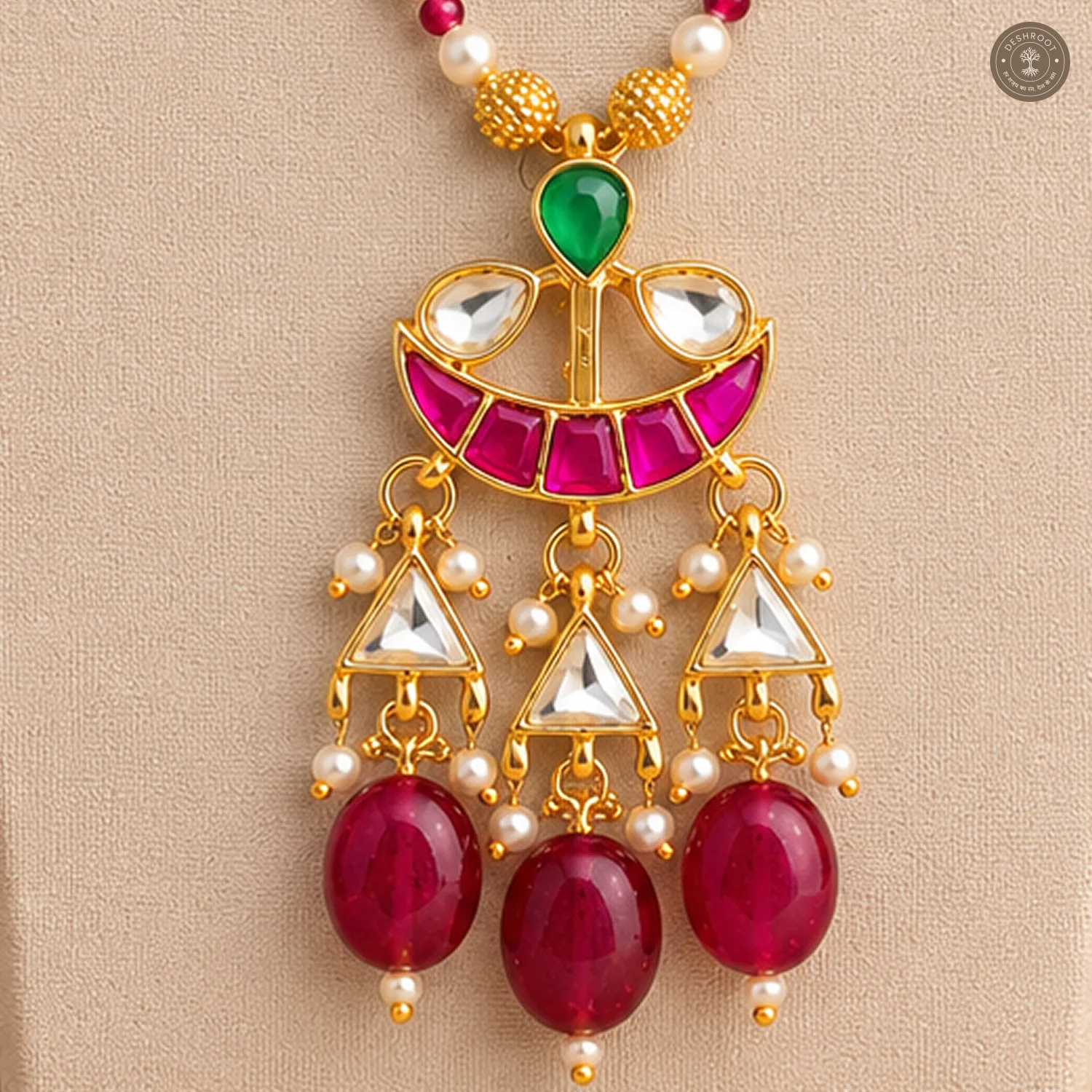 Pachi Kundan Pearl Chain Red Drop Necklace Set