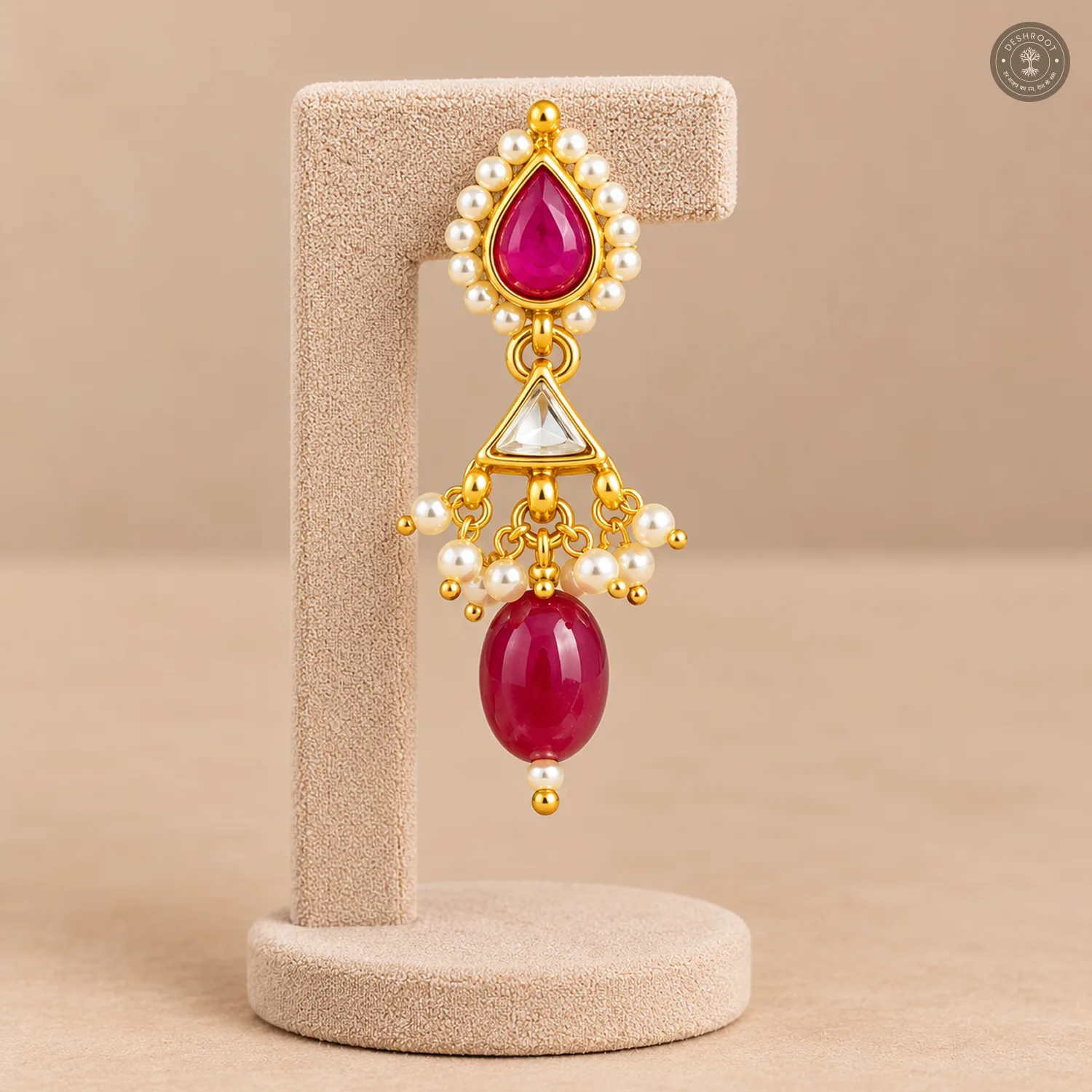 Pachi Kundan Pearl Chain Red Drop Necklace Set