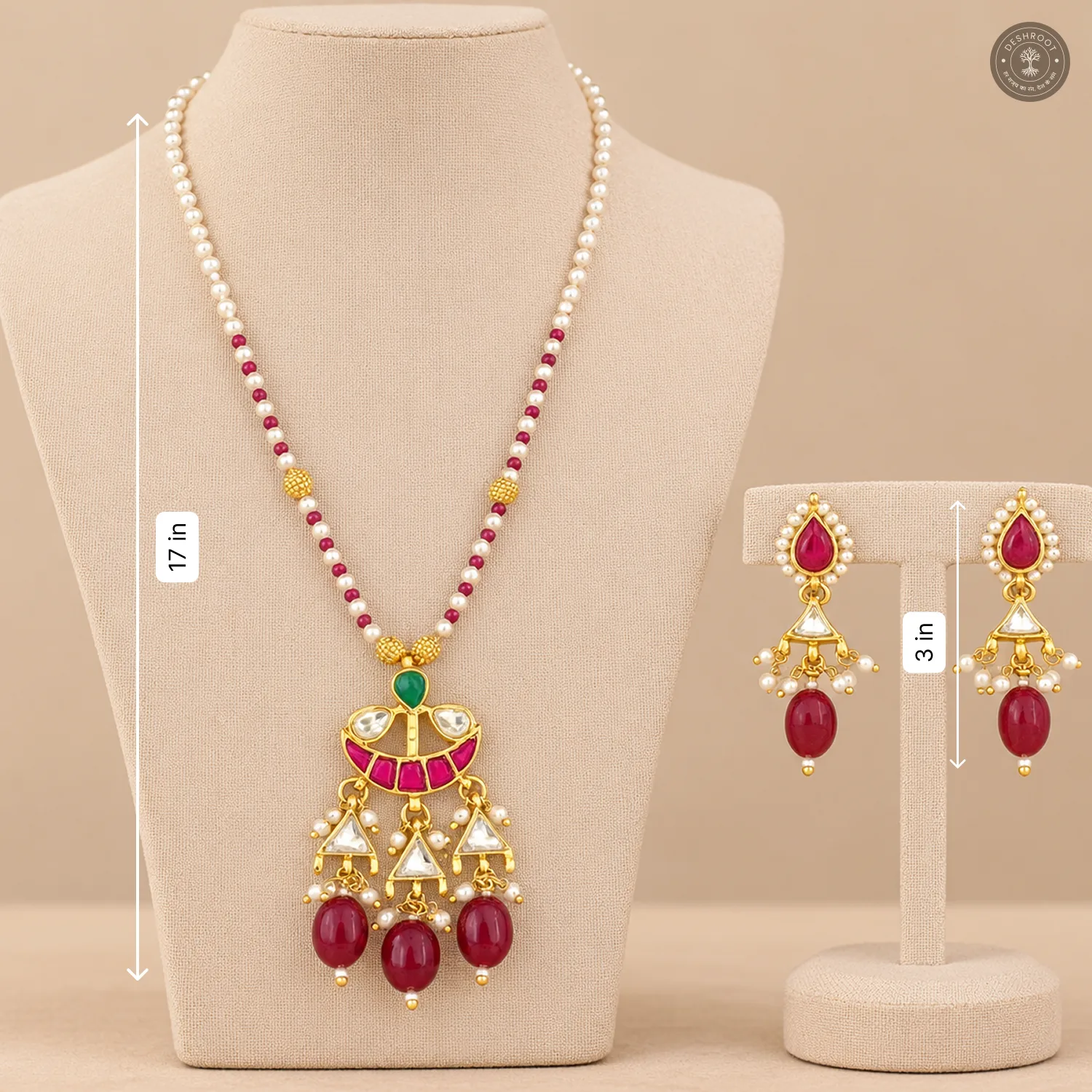 Pachi Kundan Pearl Chain Red Drop Necklace Set