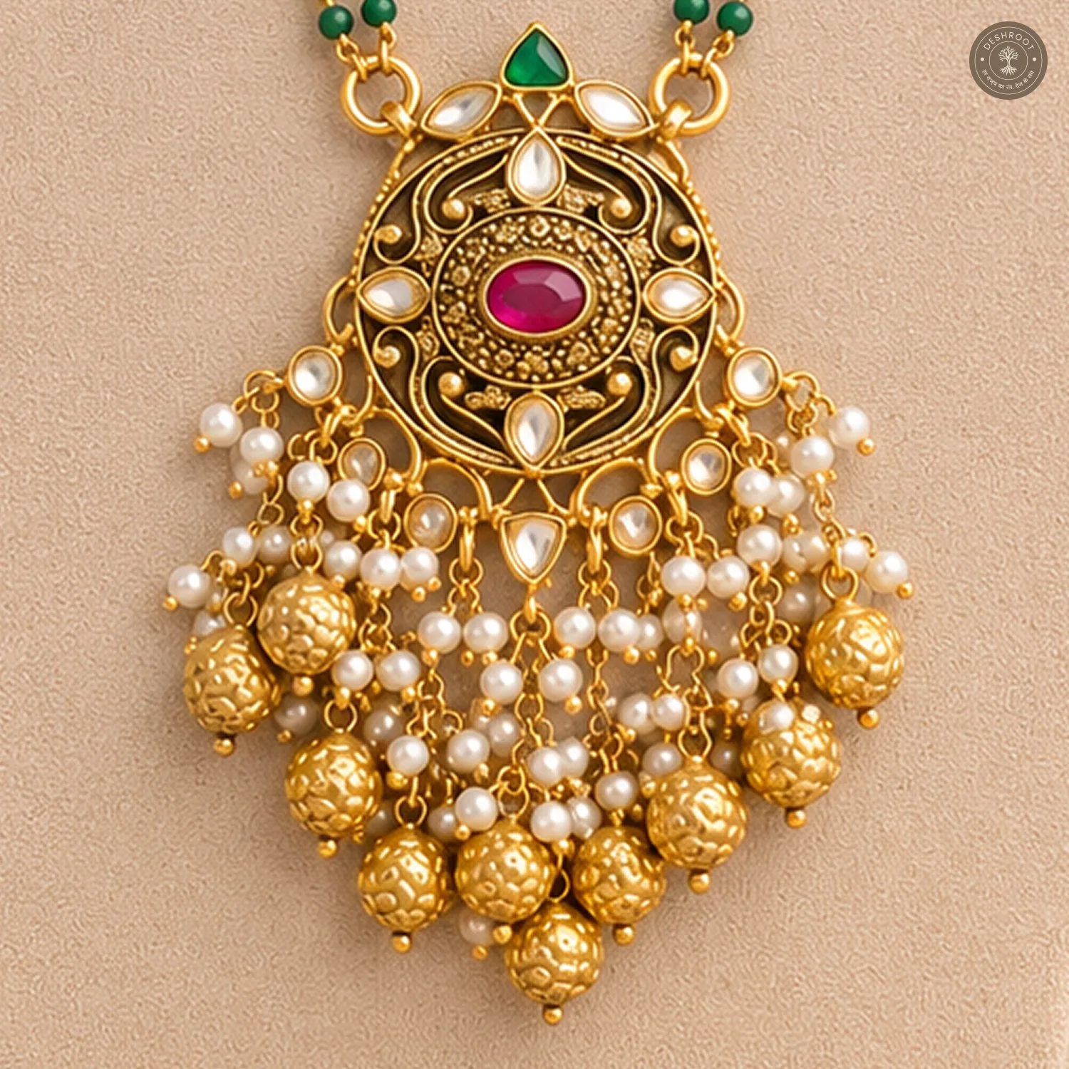 Pachi Kundan Gold Ball Drop Necklace Set