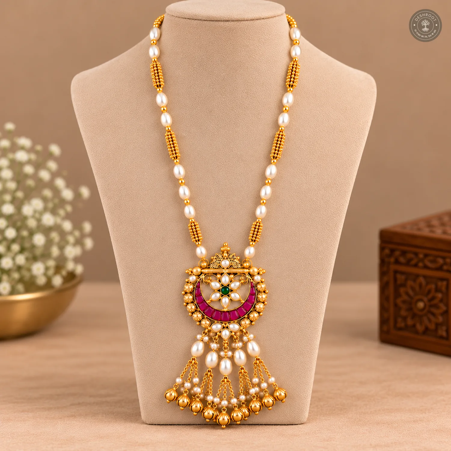 Pachi Kundan Crescent Pearl Tassel Necklace Set
