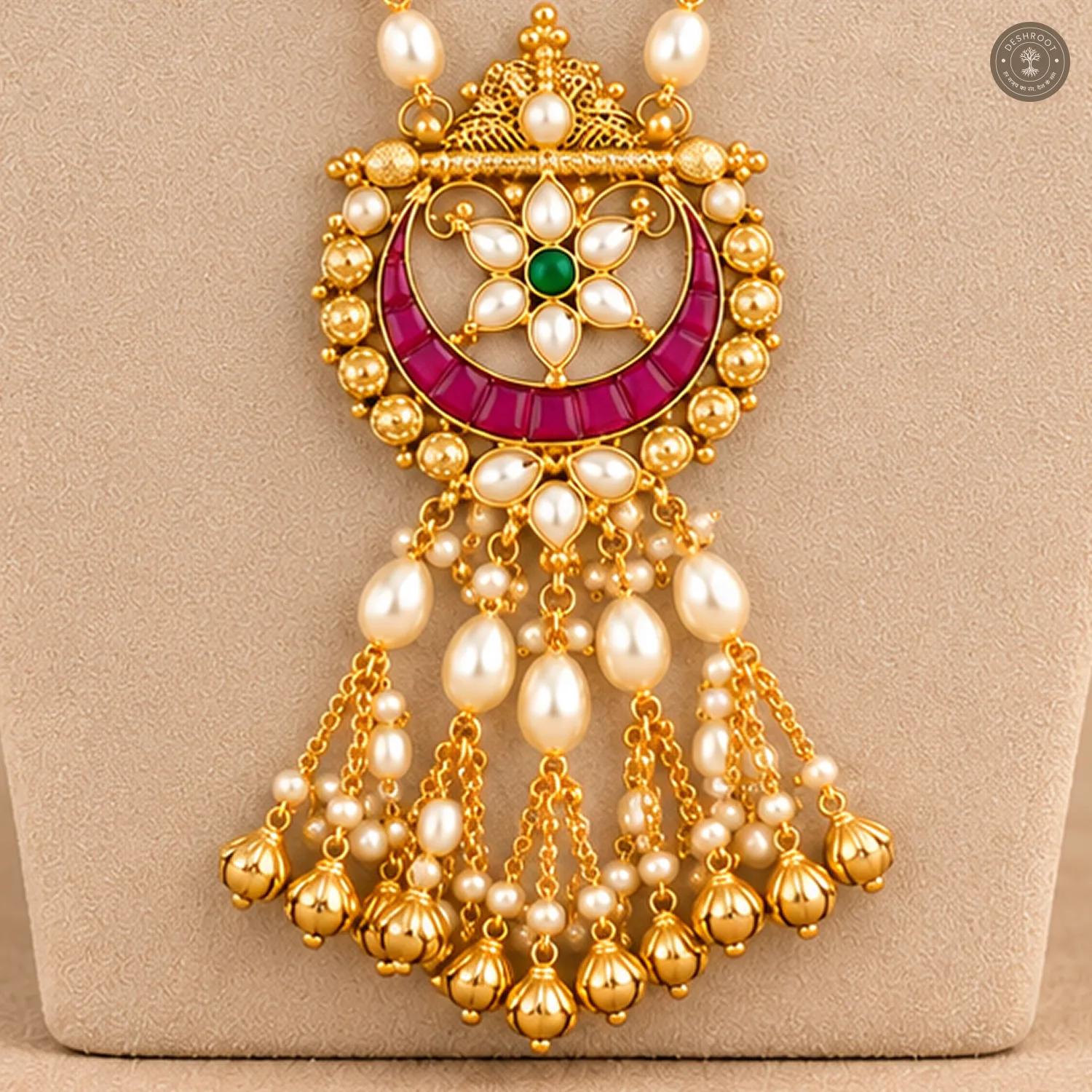 Pachi Kundan Crescent Pearl Tassel Necklace Set