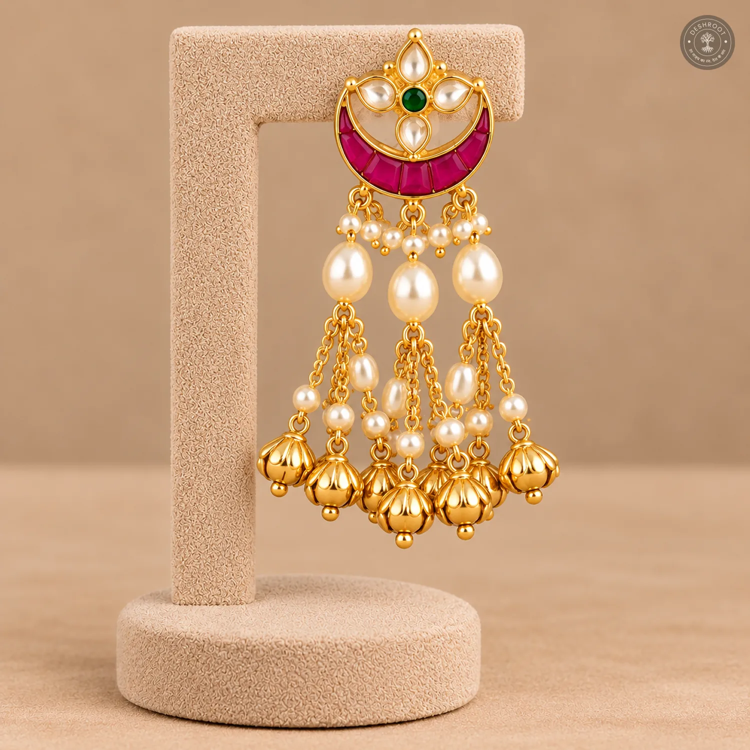 Pachi Kundan Crescent Pearl Tassel Necklace Set