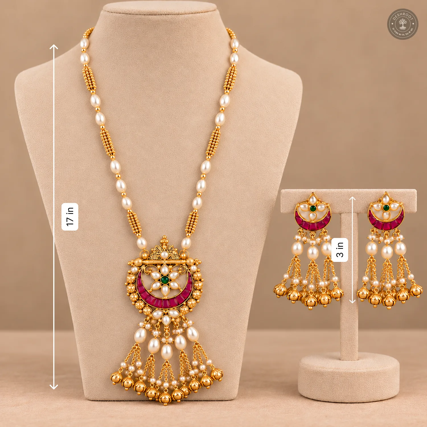 Pachi Kundan Crescent Pearl Tassel Necklace Set