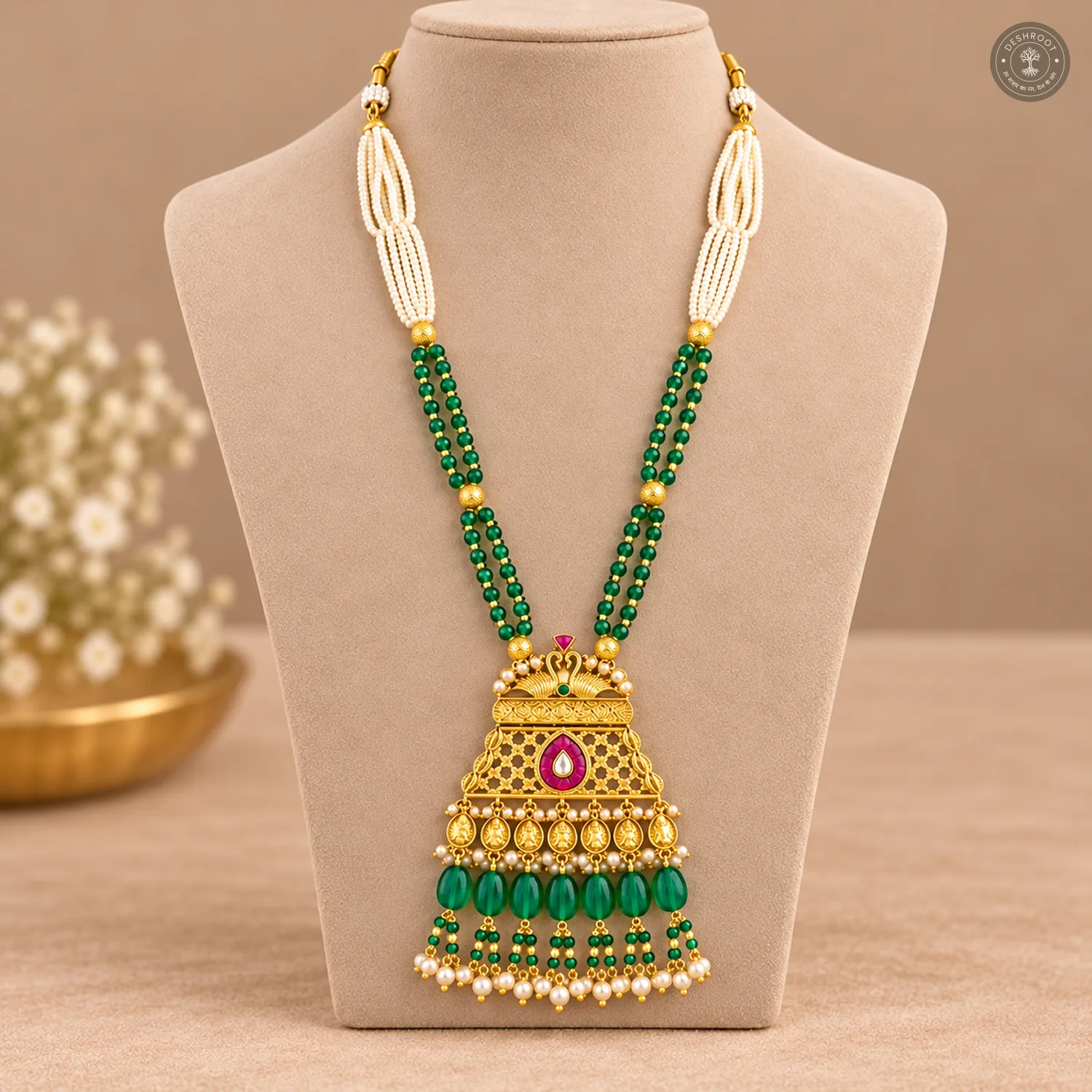 Swan Motif Green Bead Pendant Necklace Set