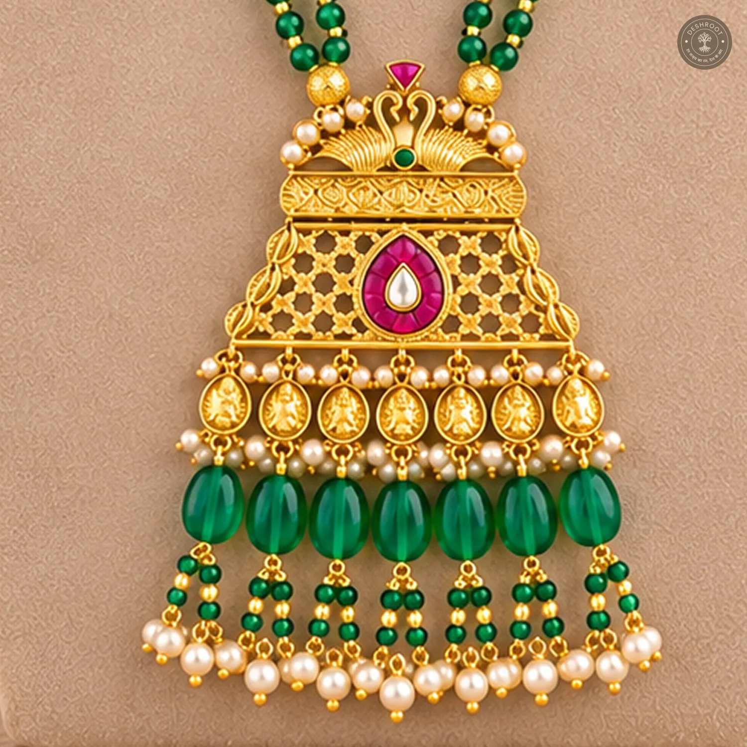 Swan Motif Green Bead Pendant Necklace Set