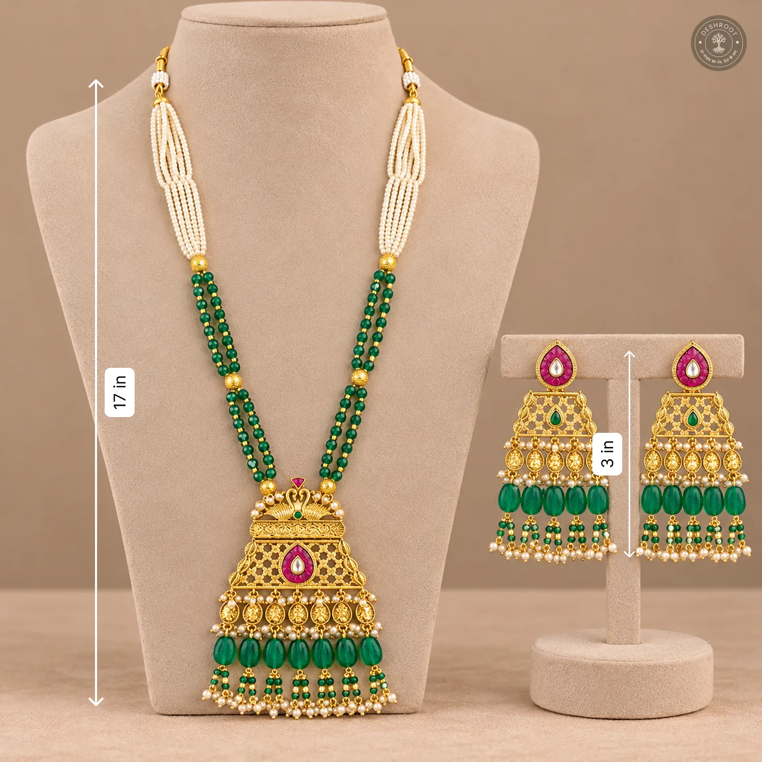 Swan Motif Green Bead Pendant Necklace Set