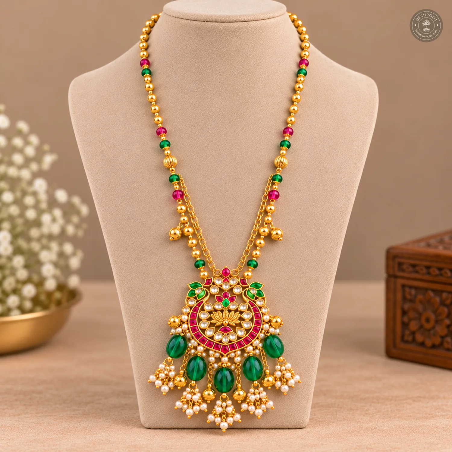 Lotus Pendant Green Drop Kundan Necklace Set