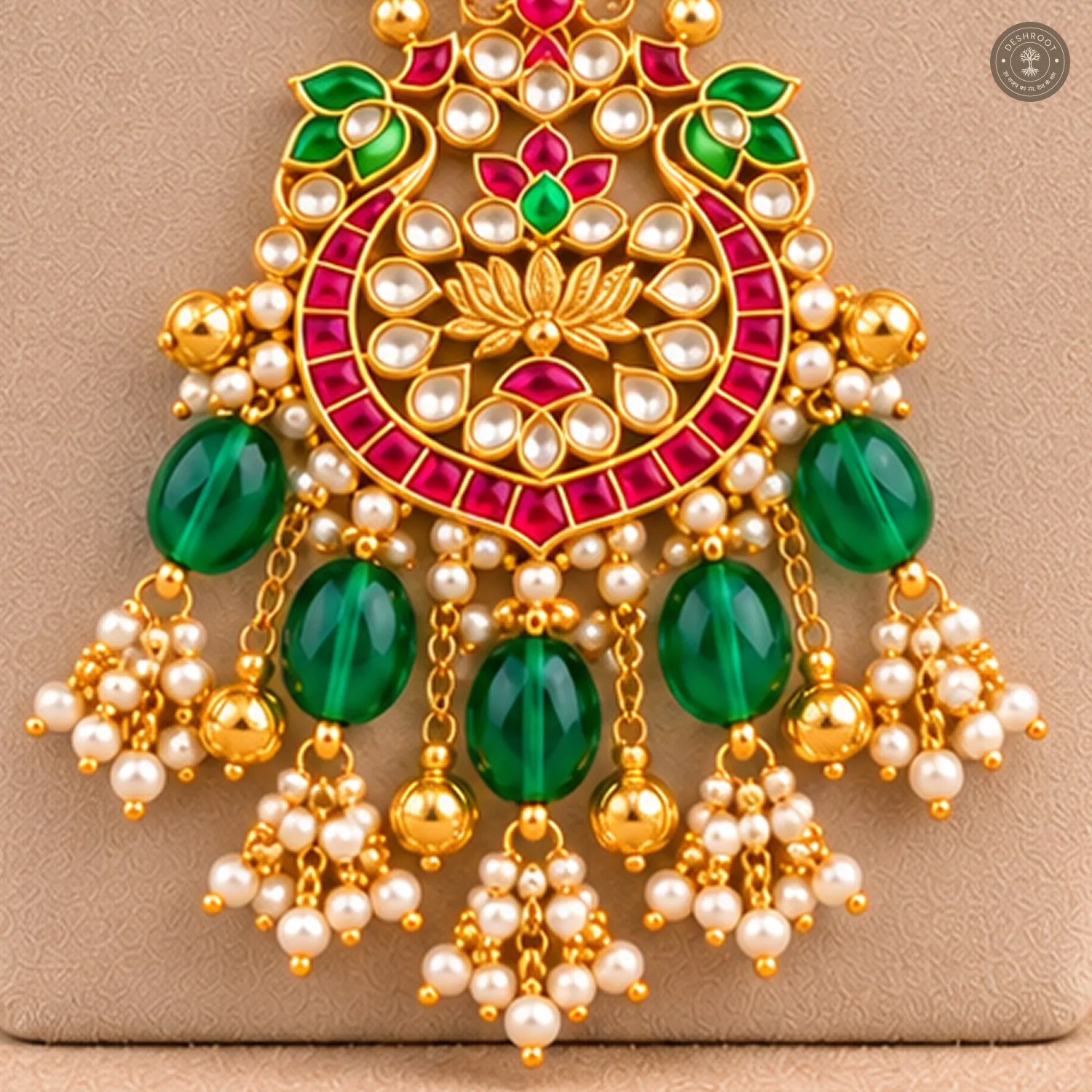 Lotus Pendant Green Drop Kundan Necklace Set