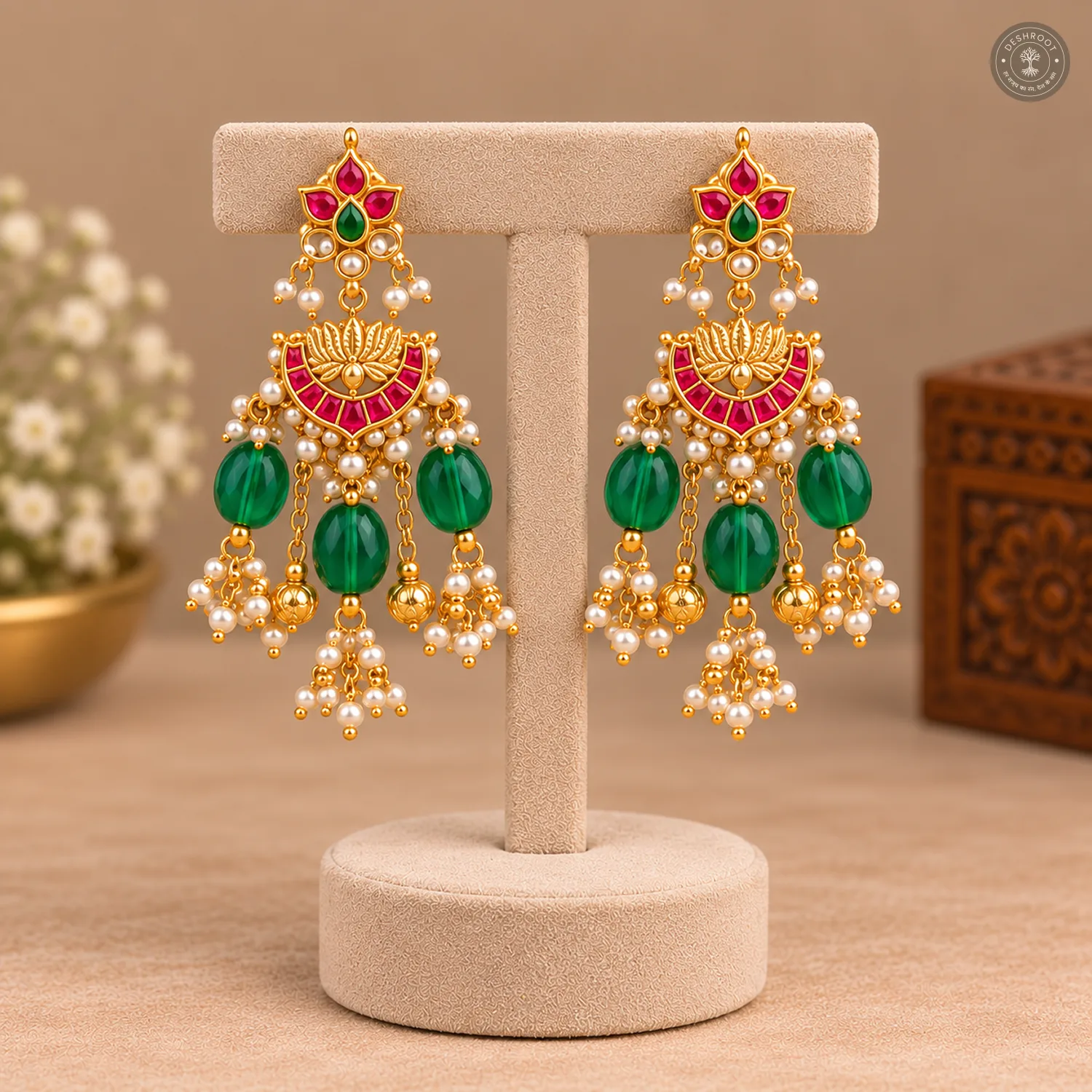 Lotus Pendant Green Drop Kundan Necklace Set