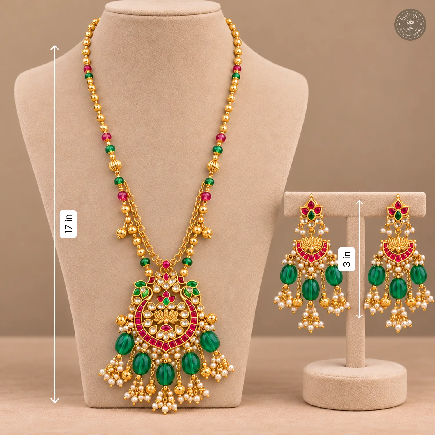 Lotus Pendant Green Drop Kundan Necklace Set