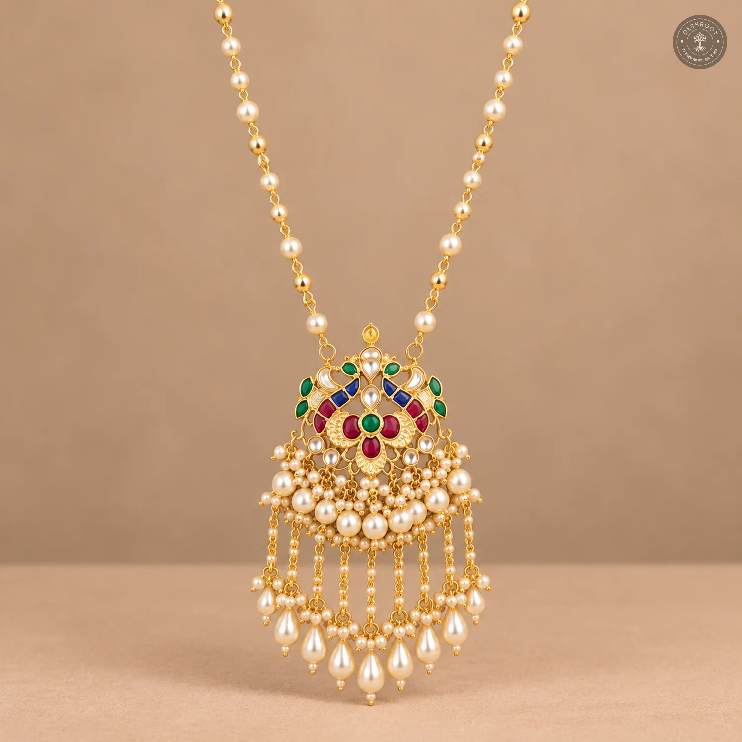 Multicolour Stone Pearl Drop Kundan Necklace Set