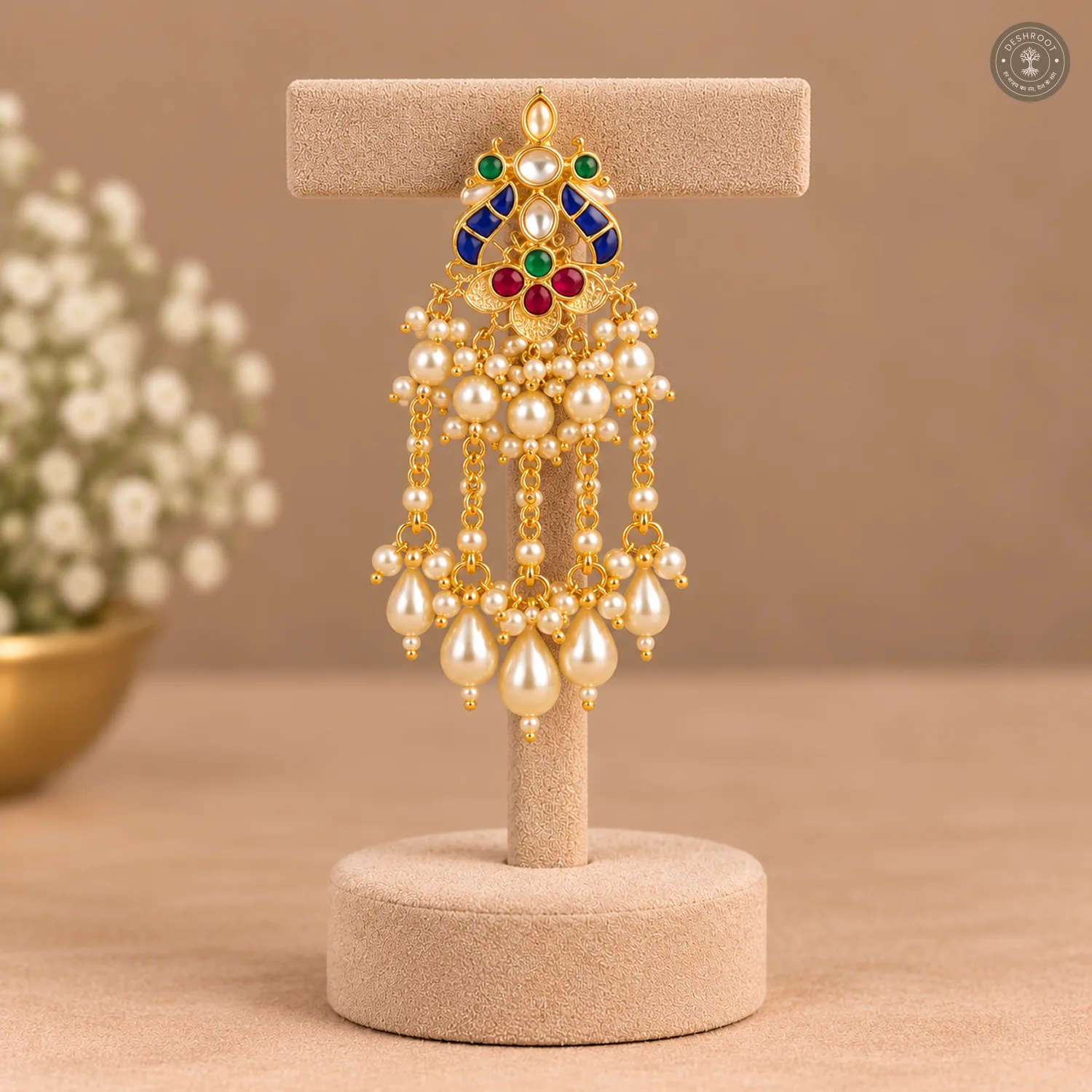 Multicolour Stone Pearl Drop Kundan Necklace Set
