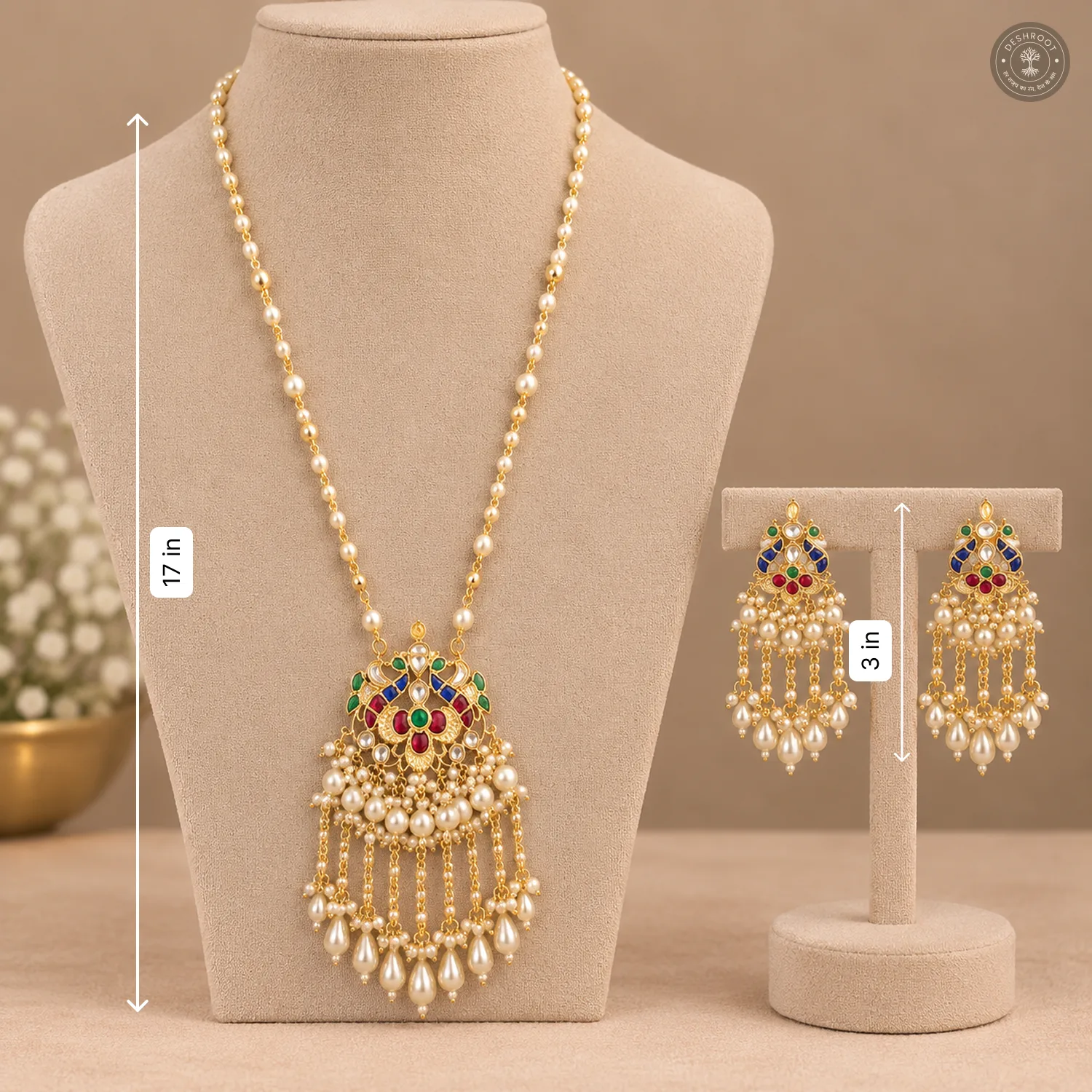 Multicolour Stone Pearl Drop Kundan Necklace Set